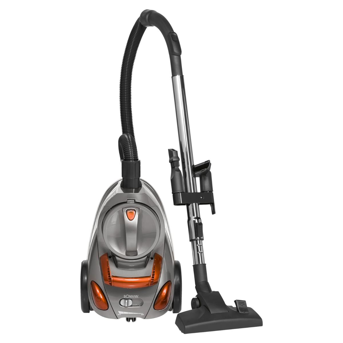 Srebrno-pomarańczowy odkurzacz z czarnym wężem i nasadkami. Stoi wyprostowany.