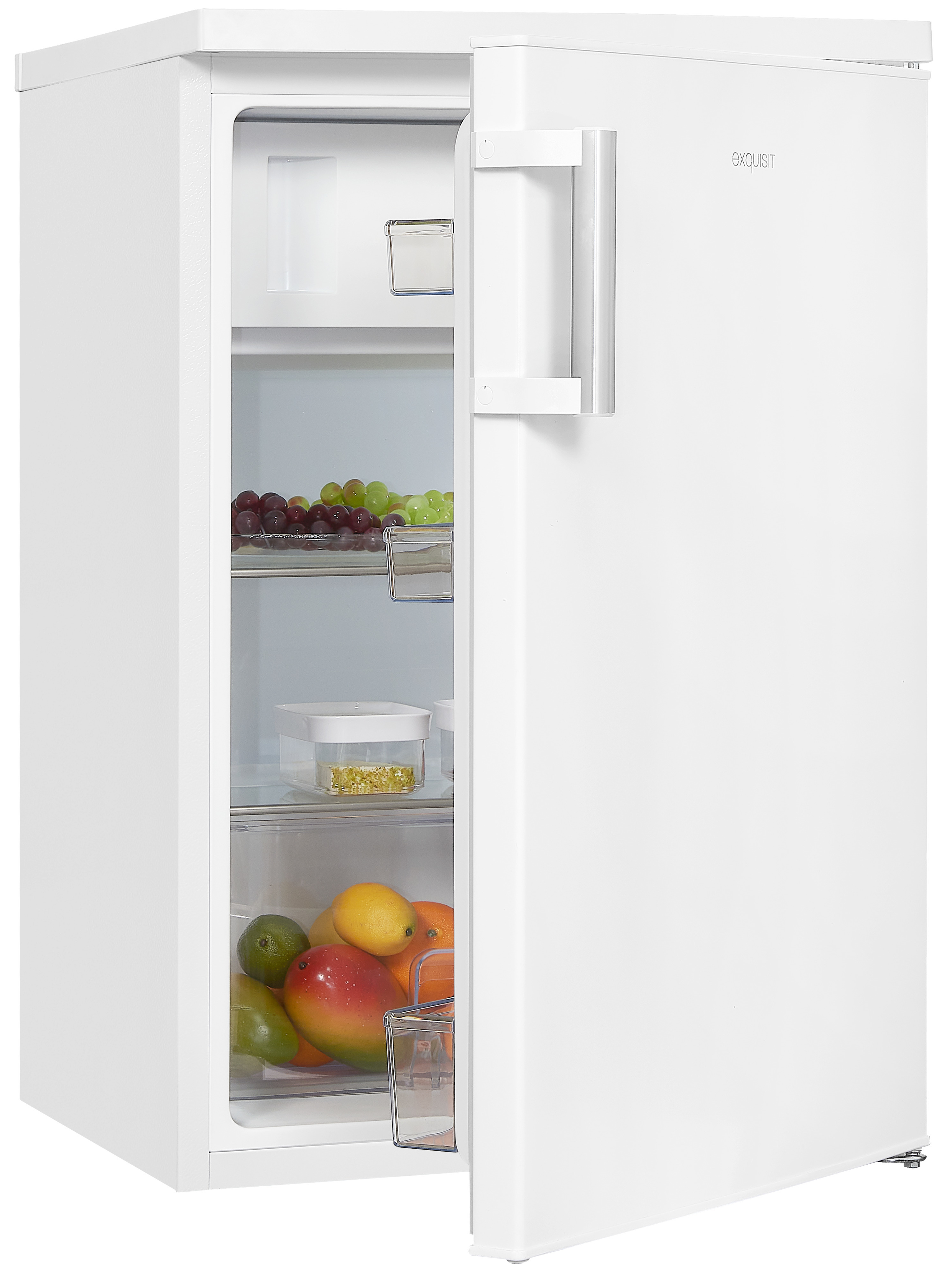 Mini-frigorifero bianco con porta aperta. Frutta visibile: mango, uva e limoni.