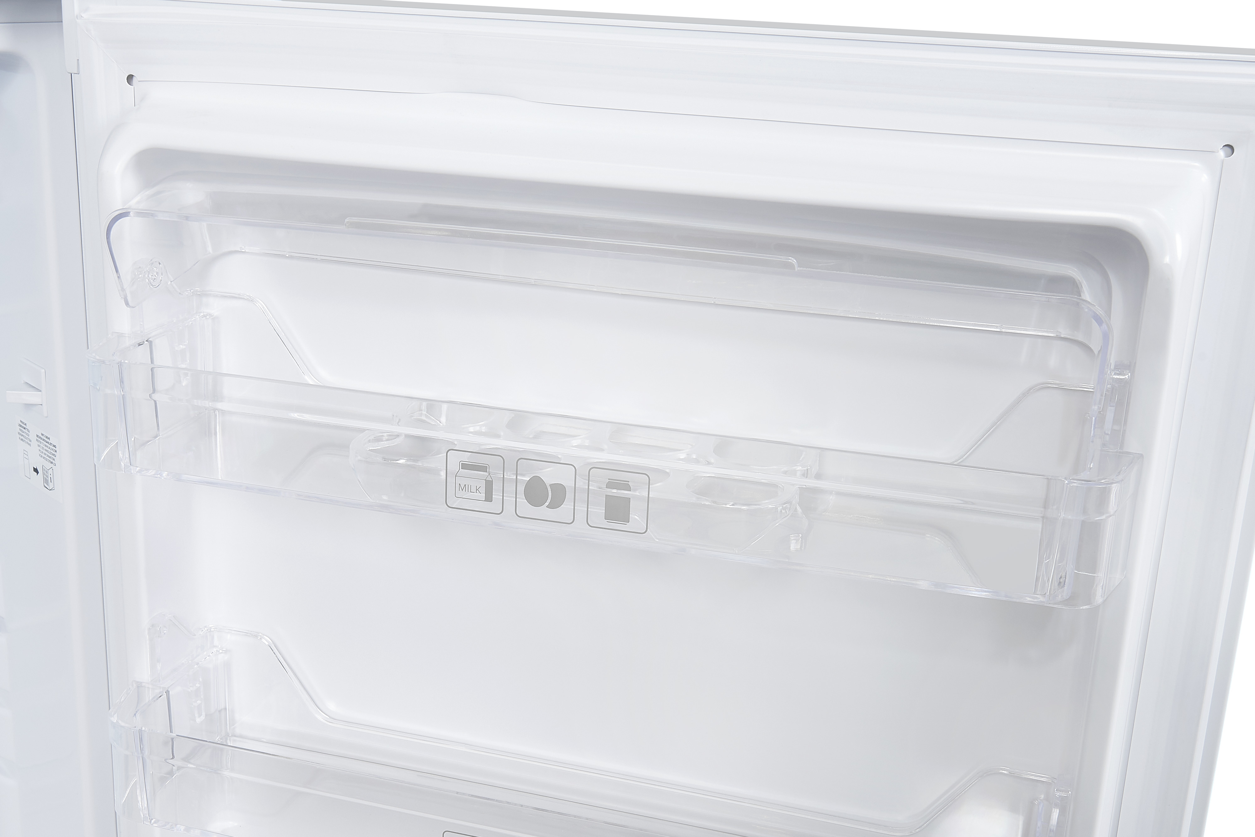Inside of a fridge with transparent shelves. White background.