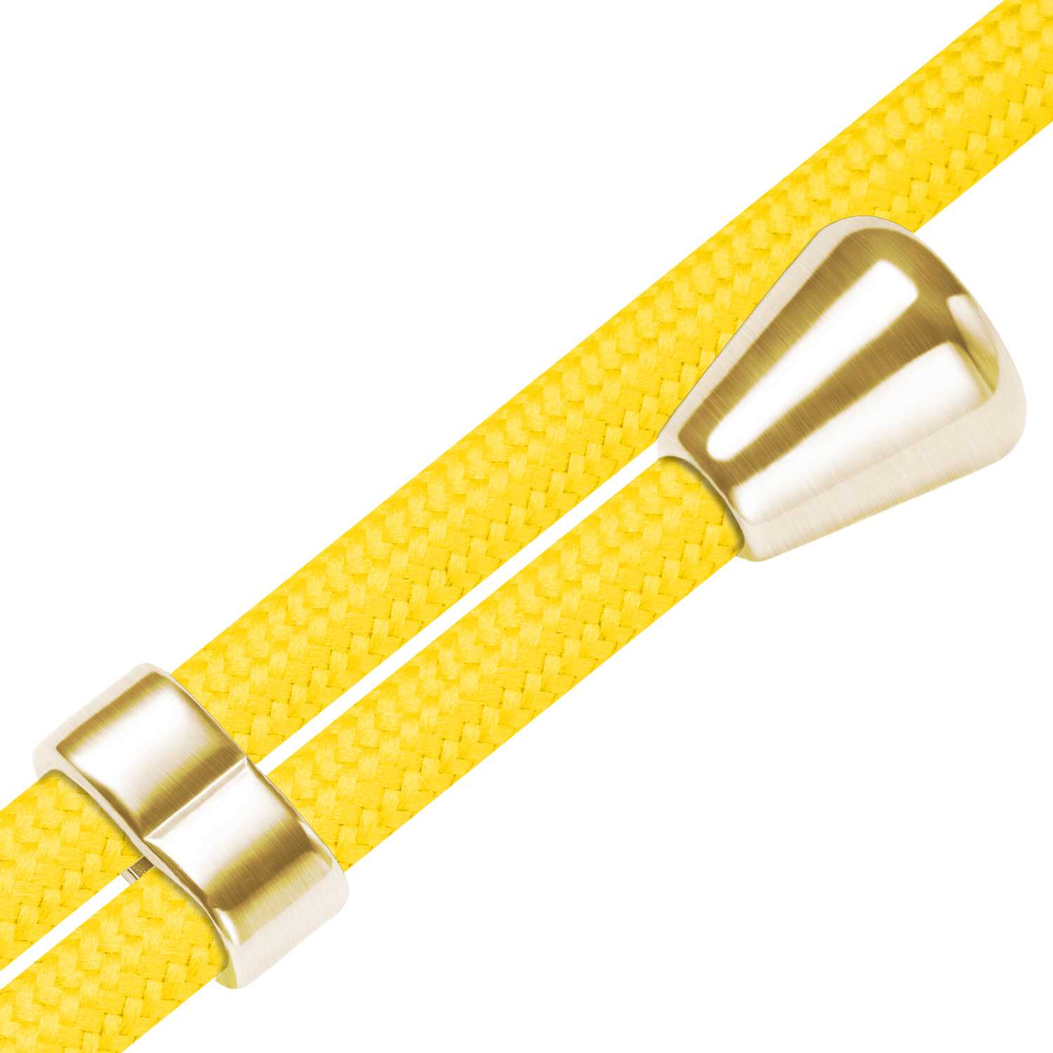Gelbes Seil-Kabel mit metallisch-silbernen Akzenten auf weißem Hintergrund.