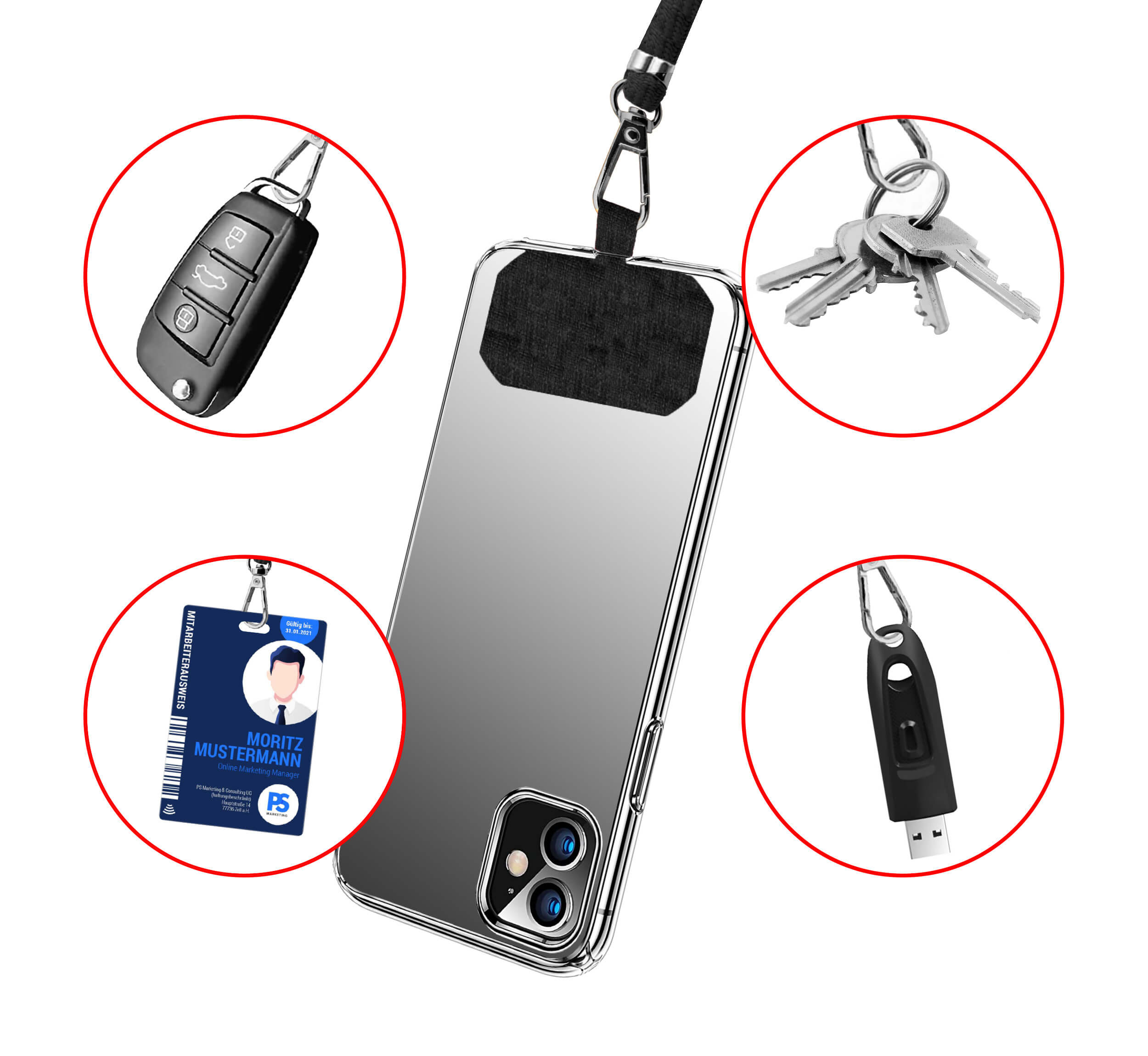 Telefon mit Lanyard, Schlüssel, Autoschlüssel und Ausweis, alles mit schwarzem Band befestigt.