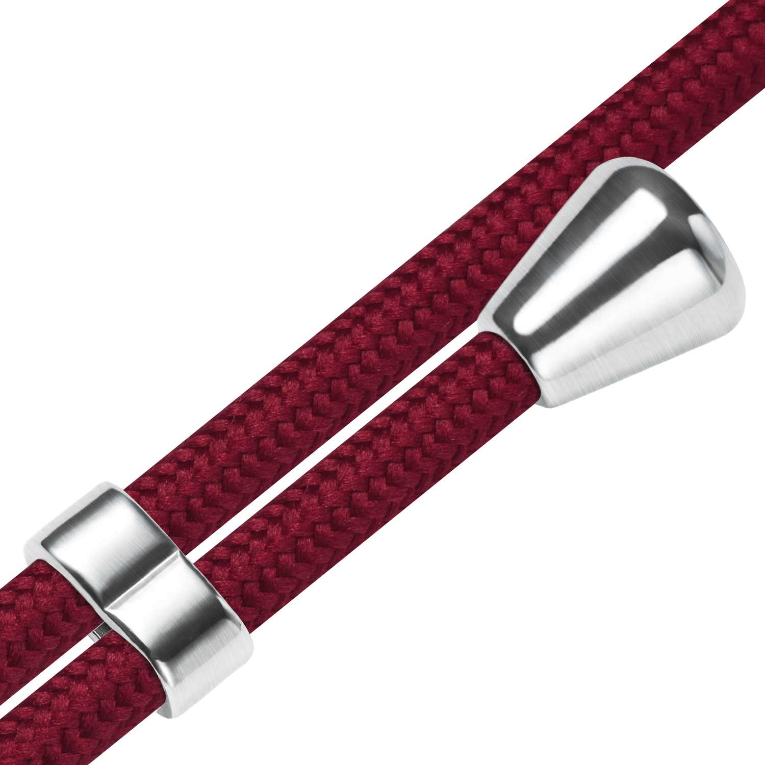 Rotes Kabel mit silbernen Metallstücken, Nahaufnahme.