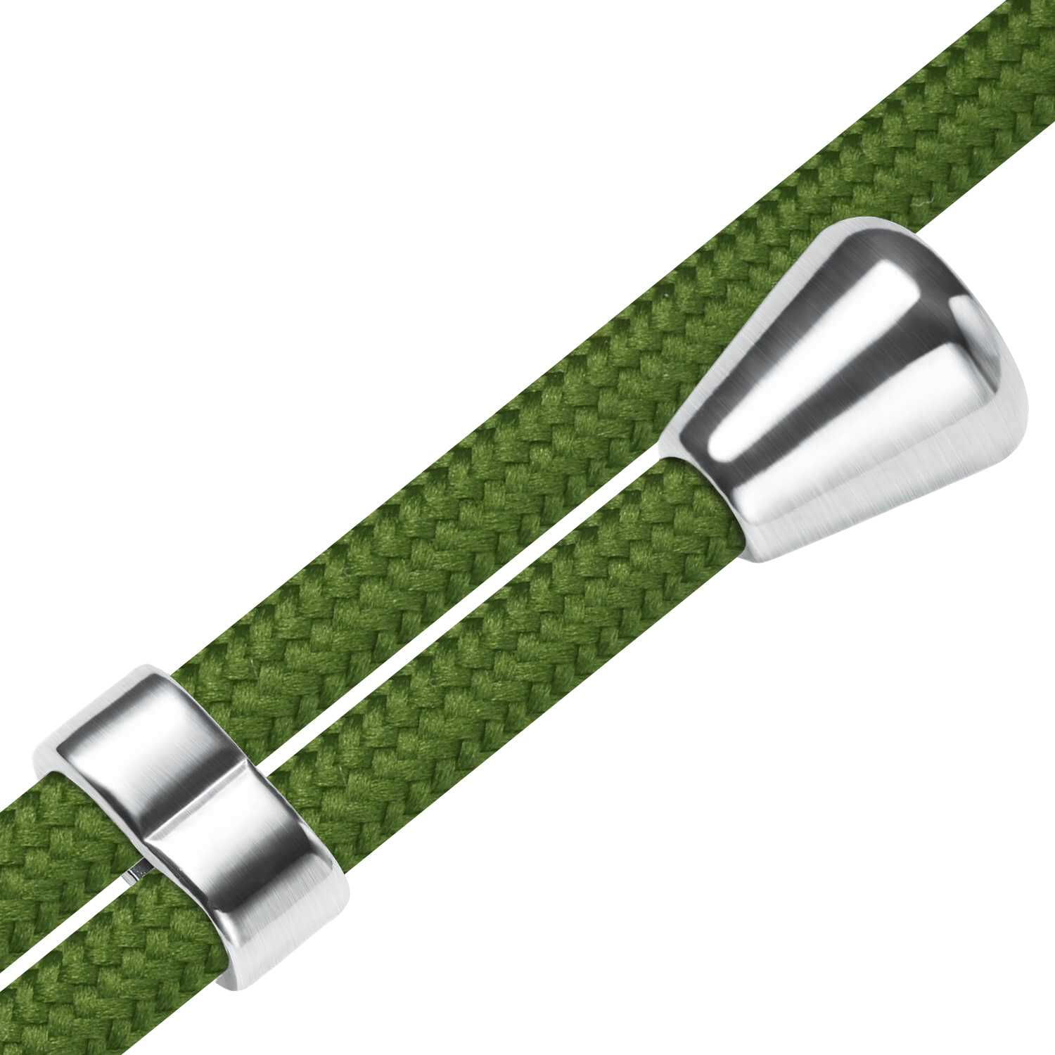 Grünes geflochtenes Kabel mit silbernen Metallakzenten.