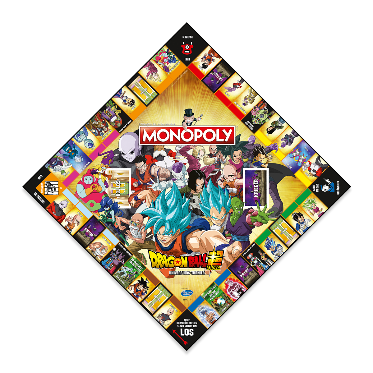 Monopoly-Brettspiel mit Dragon-Ball-Charakteren. Weißer Hintergrund.