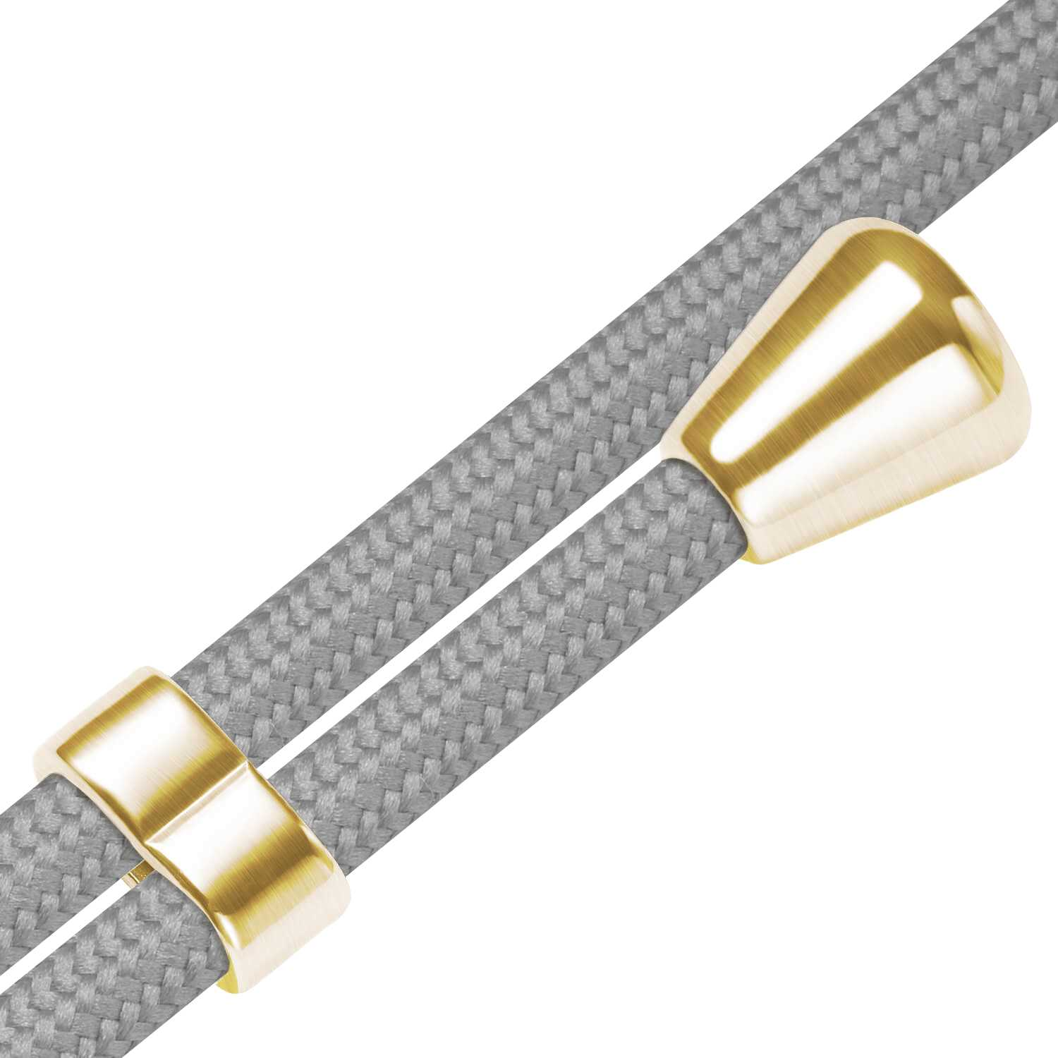 Nahaufnahme eines grauen Kabels mit goldenen Ringen. Die Ringe sind kreisförmig. Das Kabel hat ein geflochtenes Muster.