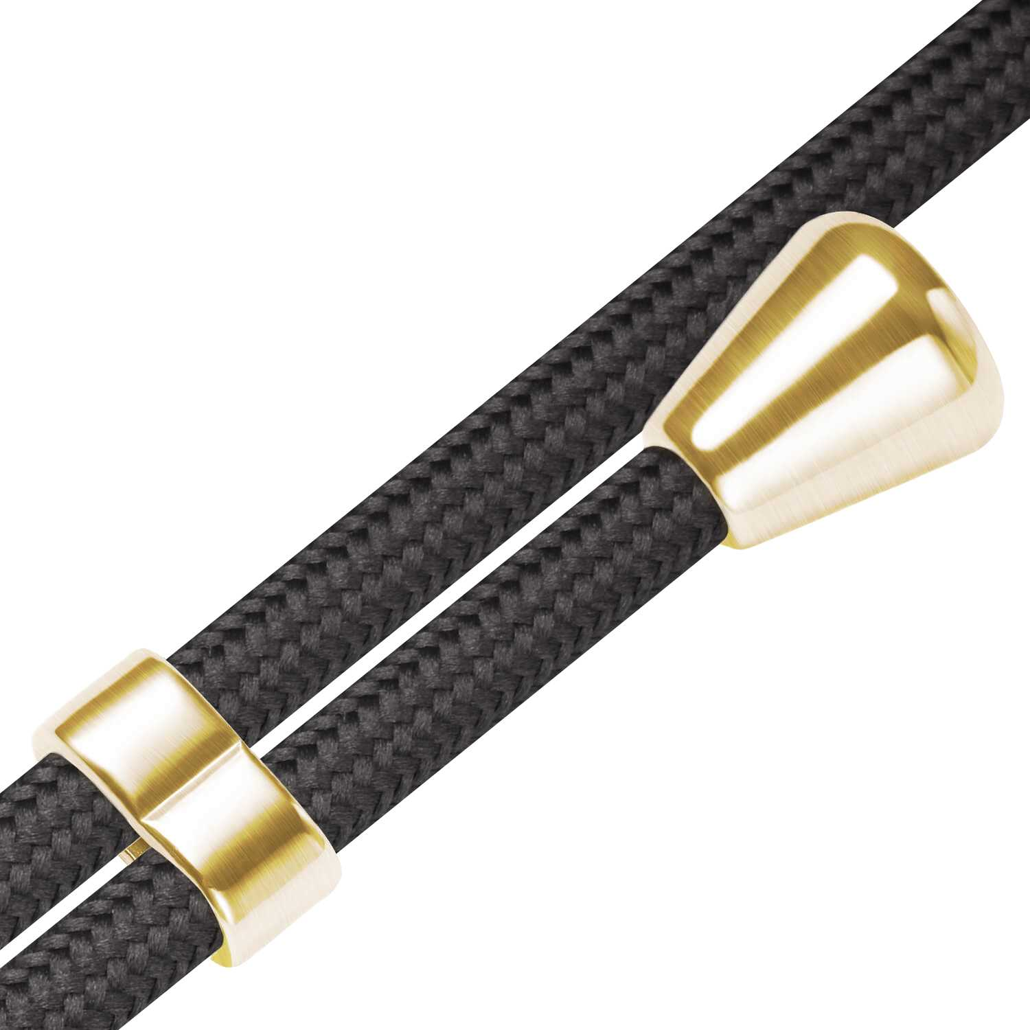 Eine schwarz-goldene Handykette. Das Band ist geflochten, mit goldenen Akzenten an den Enden.
