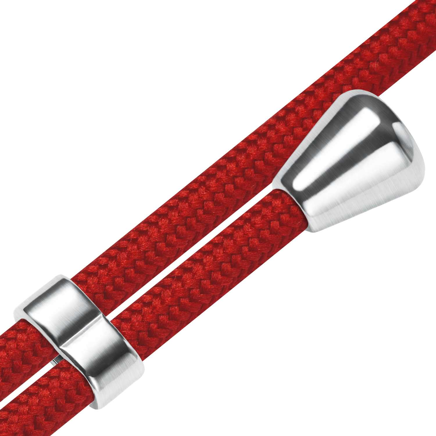 Rotes geflochtenes Kabel mit zwei silberfarbenen Metallakzenten. Weißer Hintergrund.