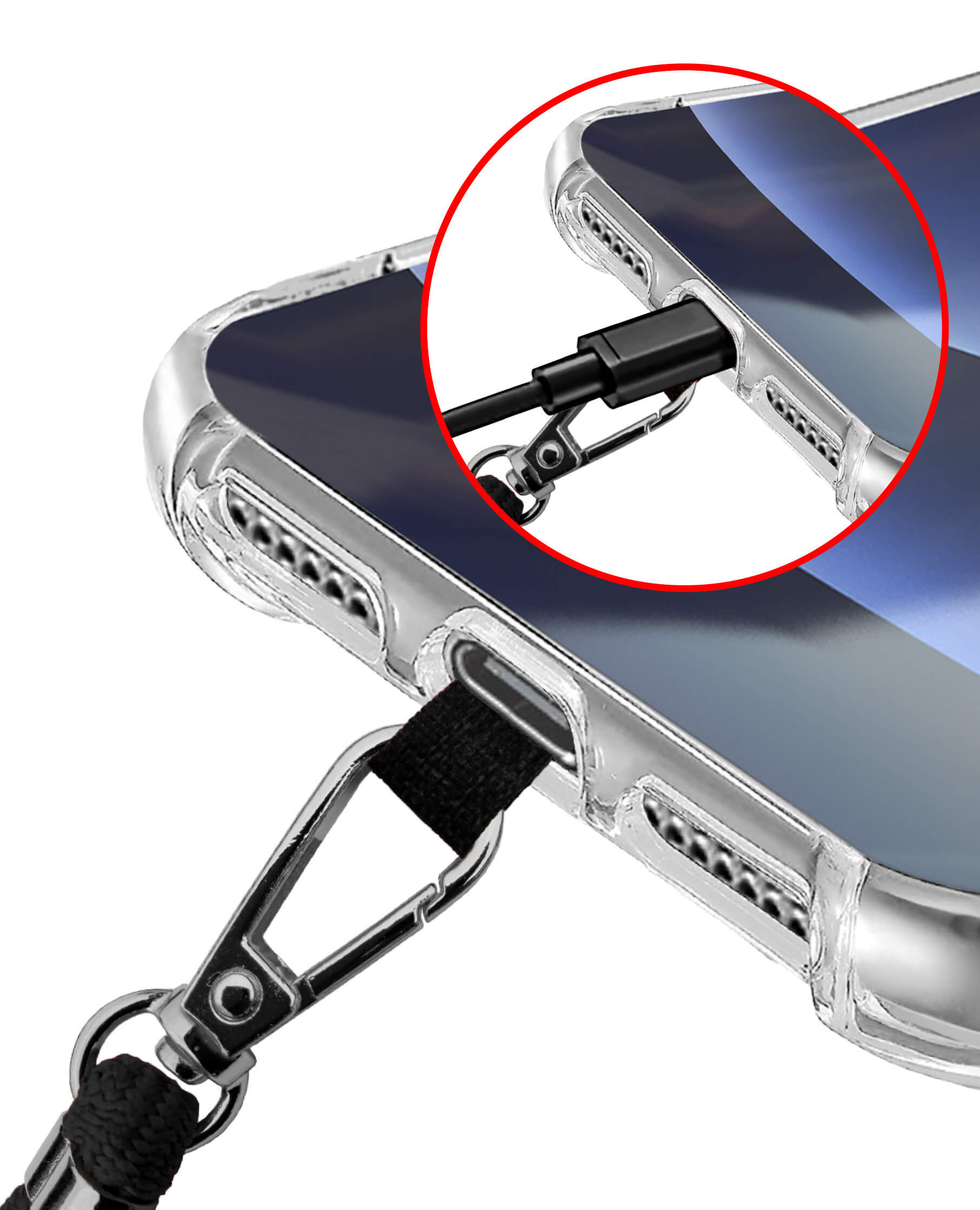 Ein Telefon mit durchsichtiger Hülle wird geladen. Ein schwarzes Ladekabel ist eingesetzt.