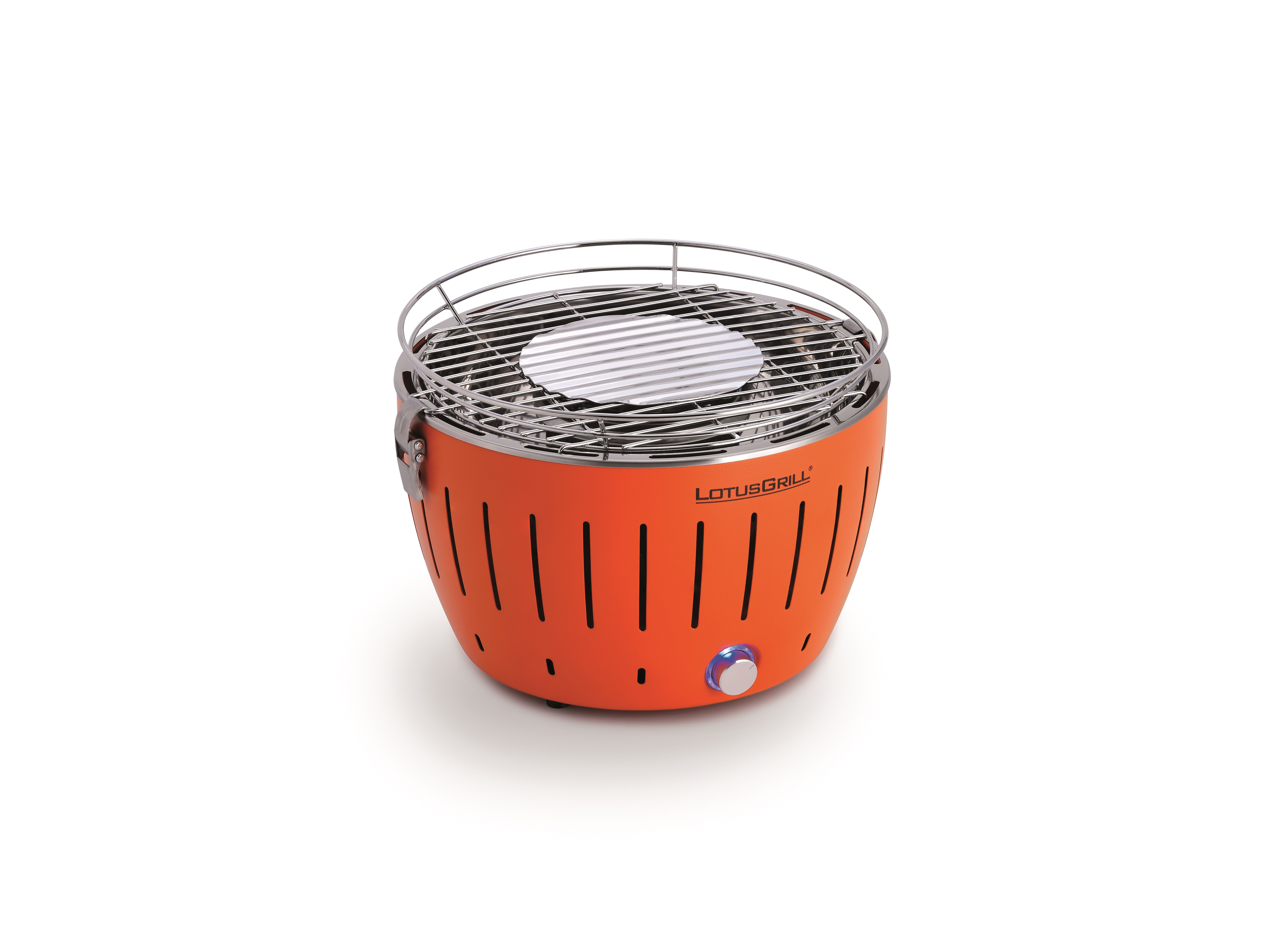 Oranger LotusGrill. Er hat einen kreisförmigen Grill und einen silbernen Rand.