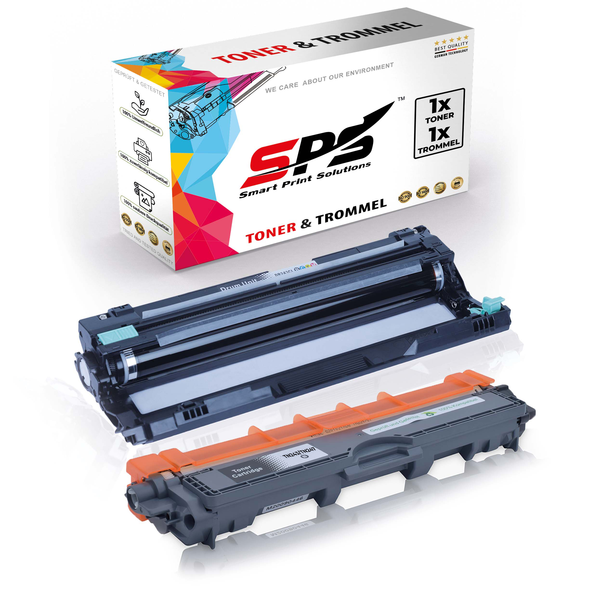 Drucker-Toner- und Trommeleinheit, weißer Hintergrund.
