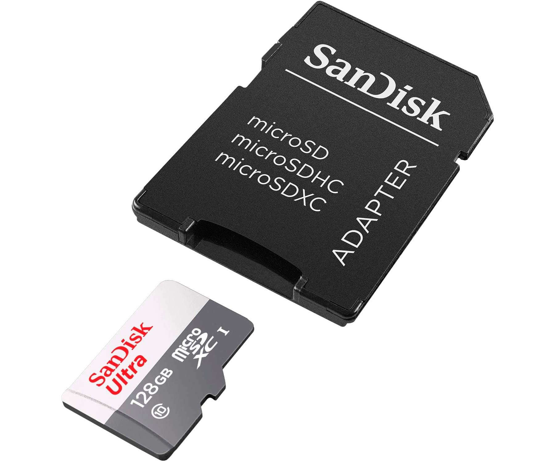 SanDisk Ultra 128GB microSD card and adapter, black and gray color.