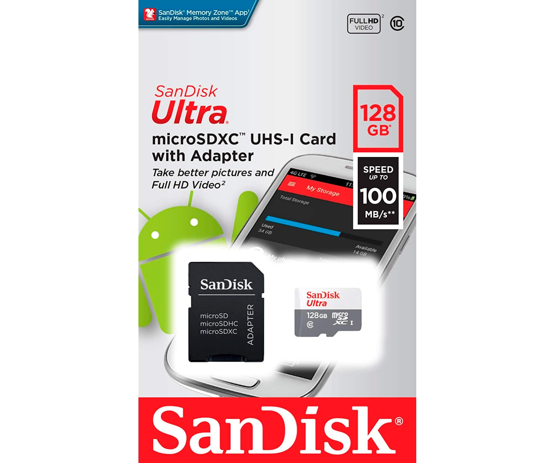 SD card packaging with a card and adapter, showing a phone with a storage app.