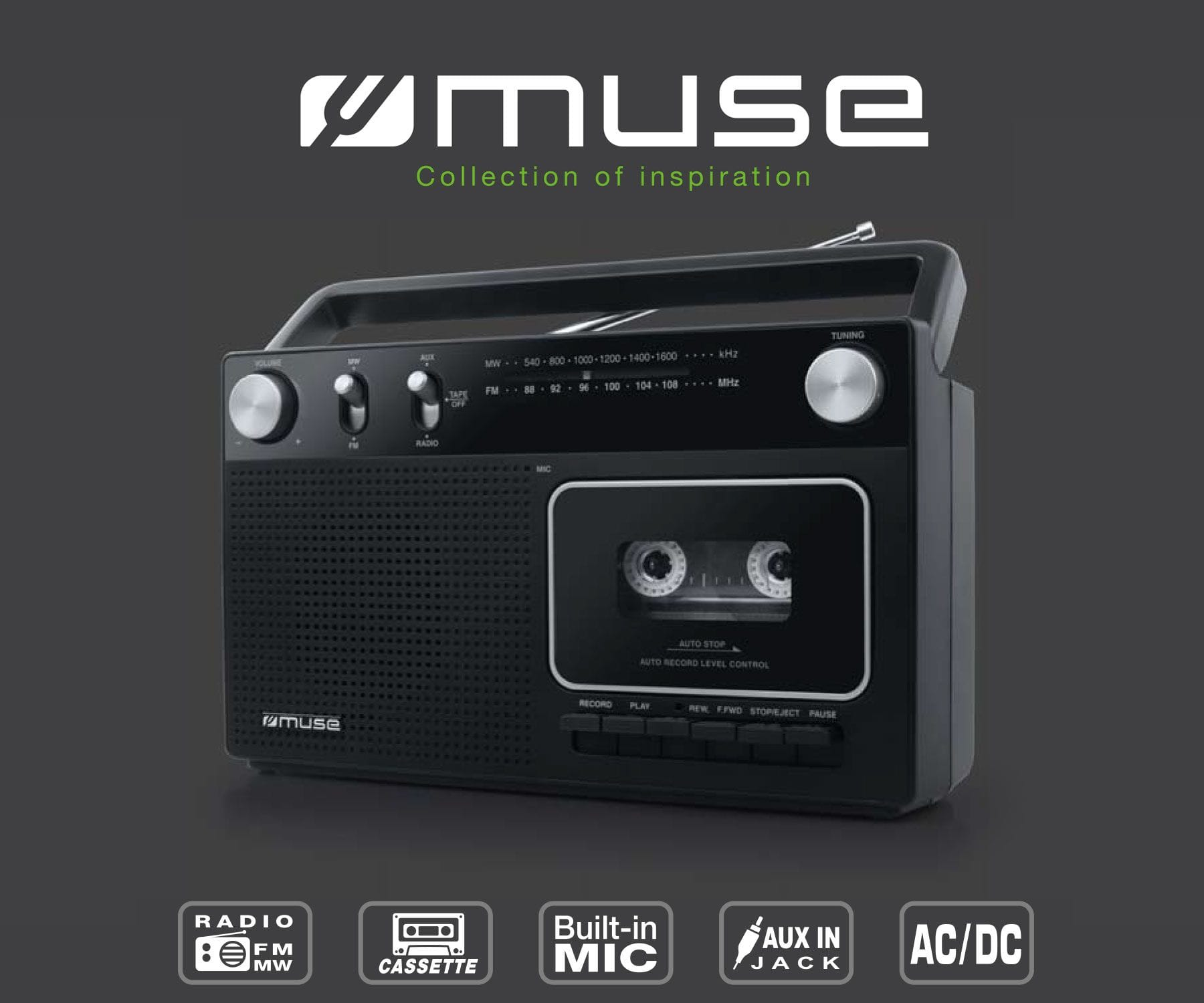 Una radio e un lettore di cassette Muse neri. Ha pulsanti e una maniglia.