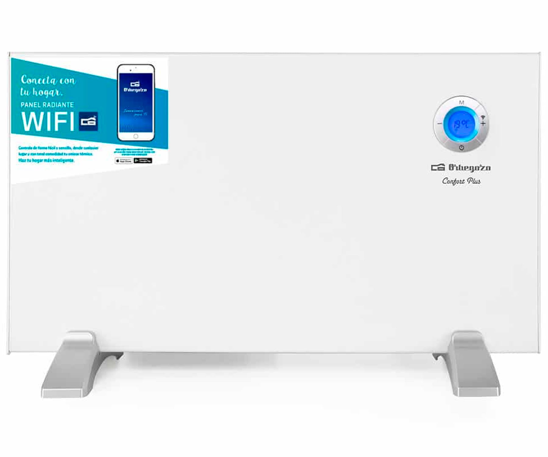 Biały grzejnik panelowy z wyświetlaczem cyfrowym, na srebrnych nóżkach. Jest na białym tle.