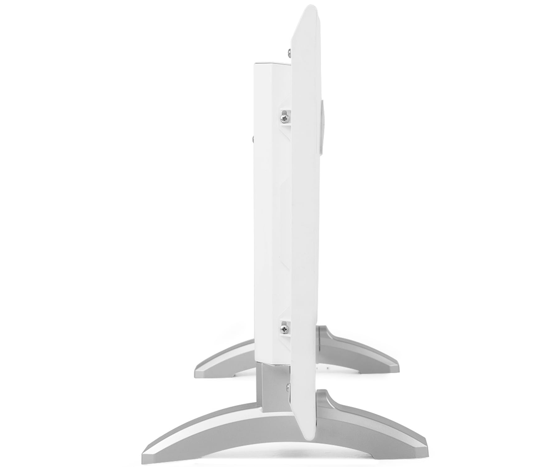 Biały grzejnik elektryczny ze srebrnymi nogami. Widok z boku, panel i stojak.