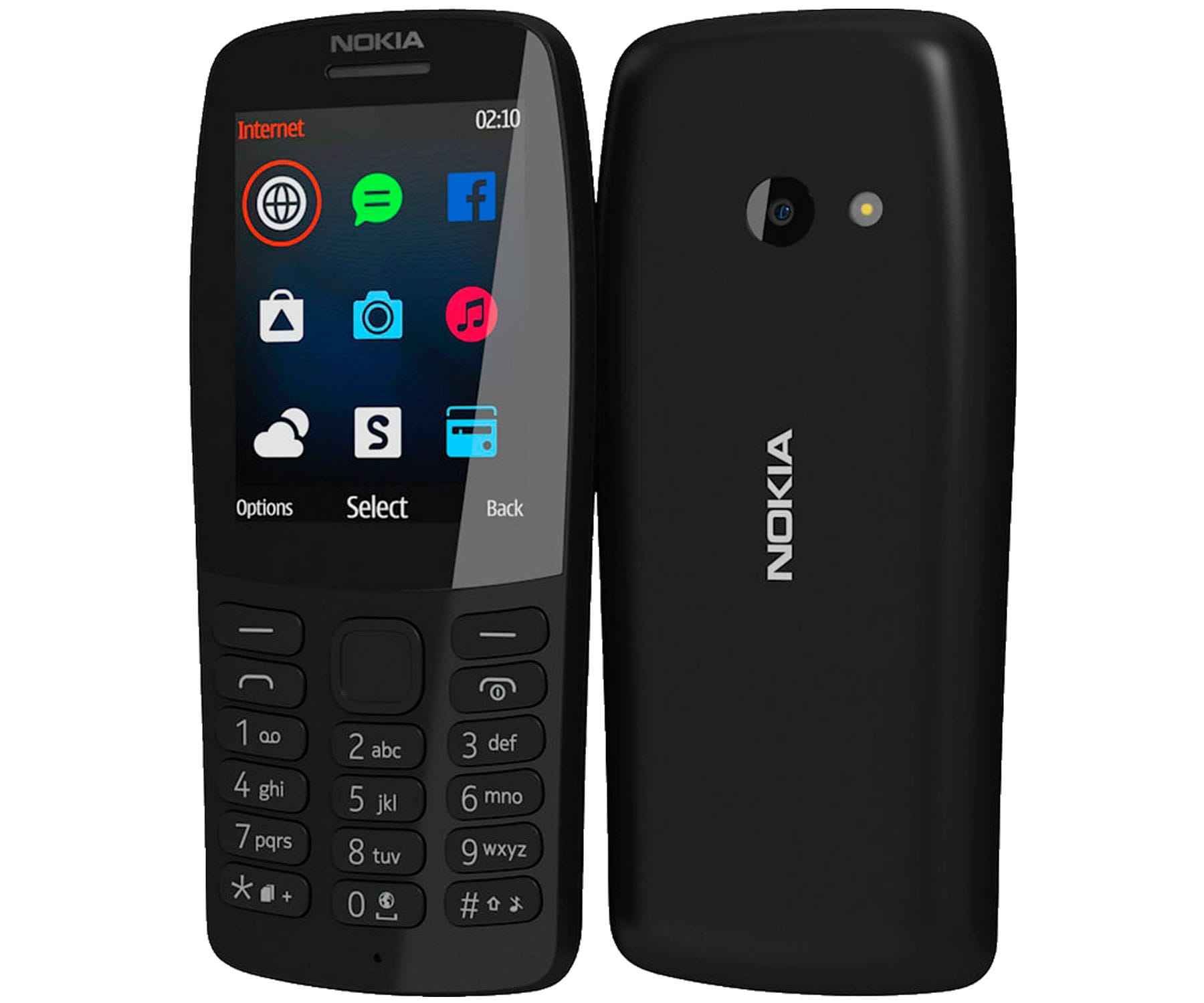 Teléfono Nokia negro con teclado, pantalla con aplicaciones y parte trasera con cámara.