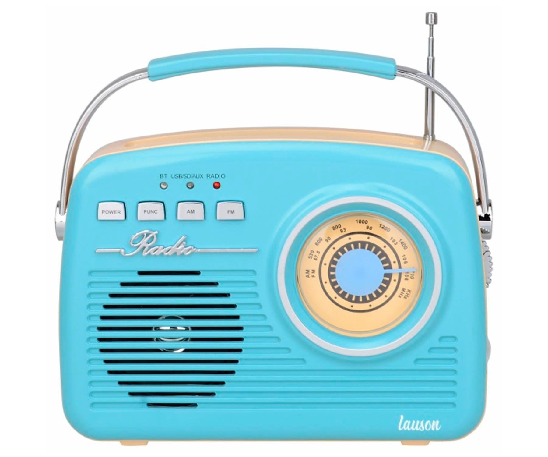 Una radio turchese in stile retrò con pulsanti, un quadrante e una maniglia, con la parte superiore beige.