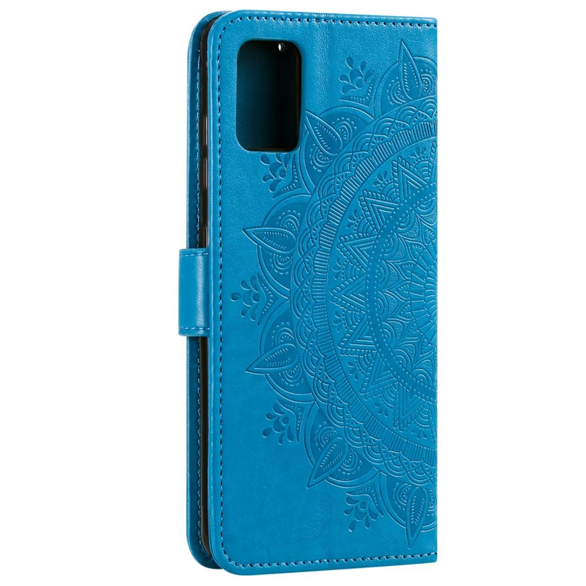 Blaue Handyhülle mit Mandala-Design, offen. Dekoratives Muster und Verschluss sichtbar.