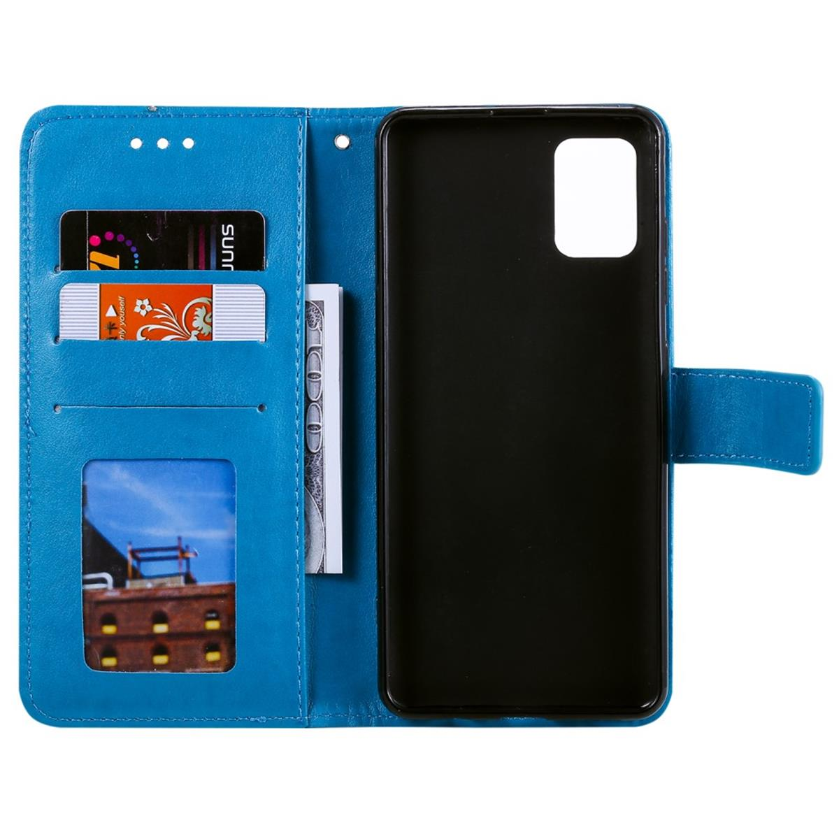 Offene blaue Brieftasche mit Karten, Geld und einem Bild eines Gebäudes. Das Telefon ist nicht im Case. Hintergrund weiß.