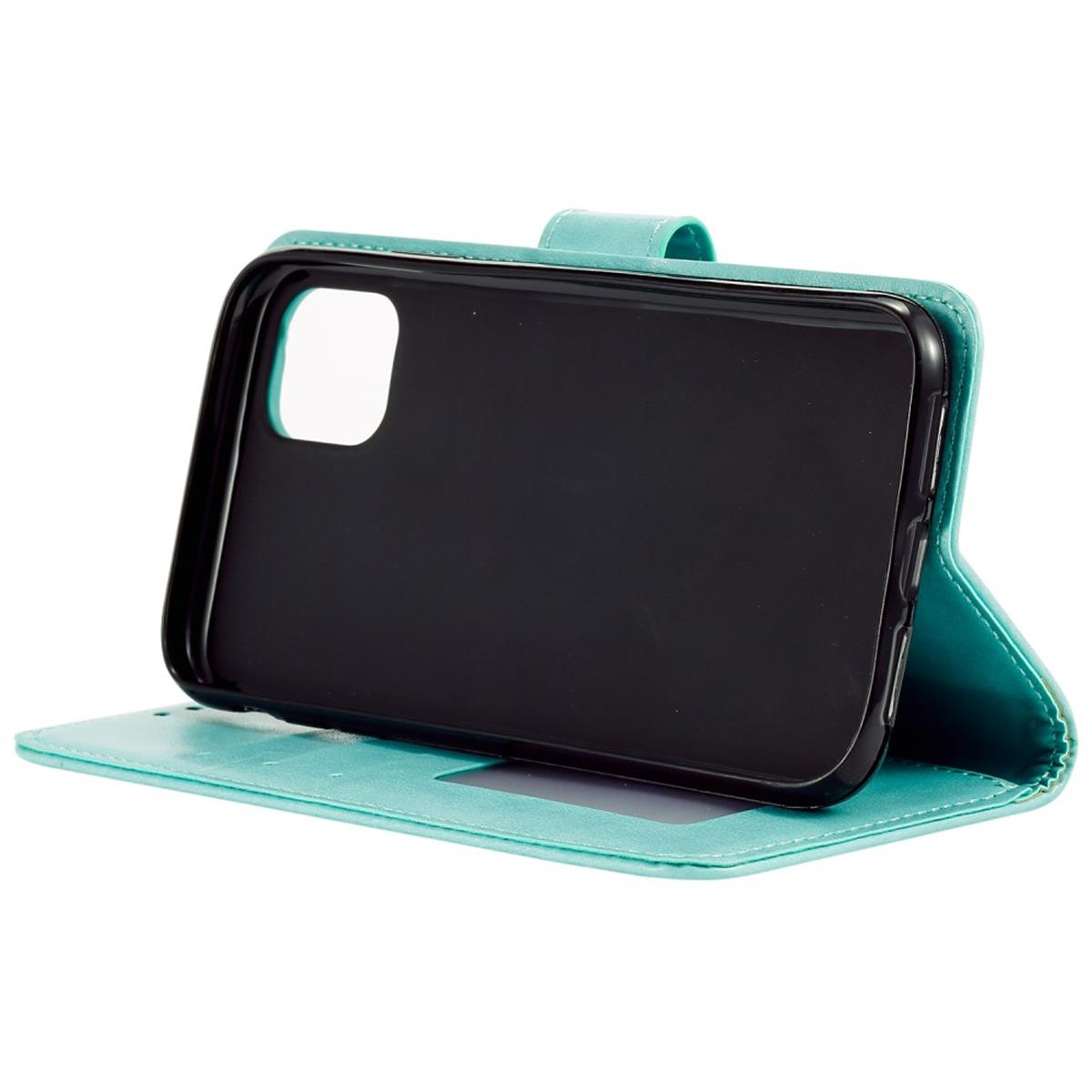 Geöffnete teal Handyhülle, schwarzes Telefon innen.