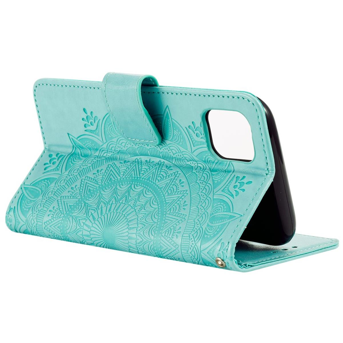 Eine türkisgrüne Handyhülle mit floralem Design, geöffnet mit Telefon und Karten.