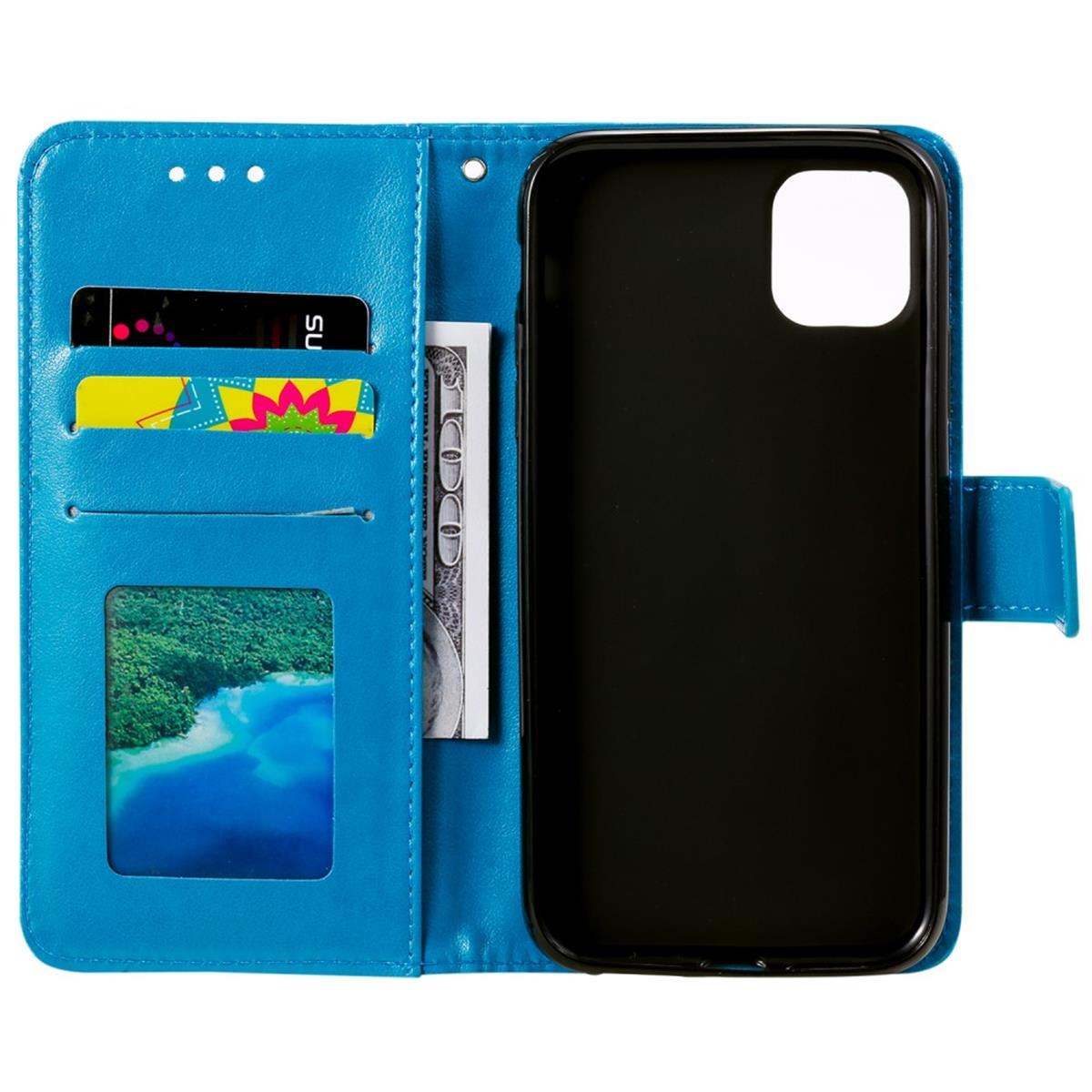Ein blaues Telefon-Portemonnaie ist geöffnet und zeigt Karten, einen Geldschein und ein Bild einer Wasserszene.