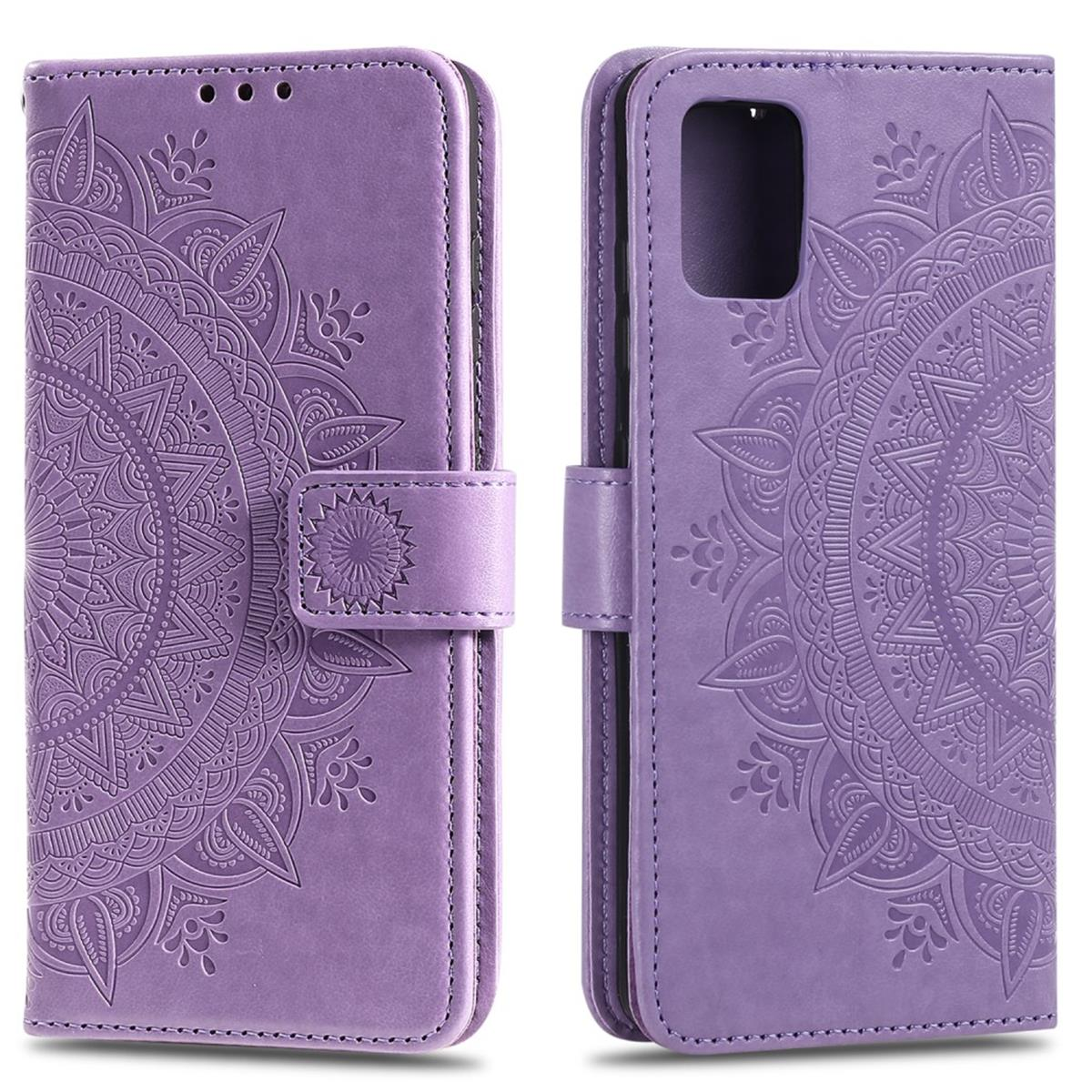 Lila Handyhülle mit Mandala-Design, geschlossen und offen. Verfügt über einen Magnetverschluss.