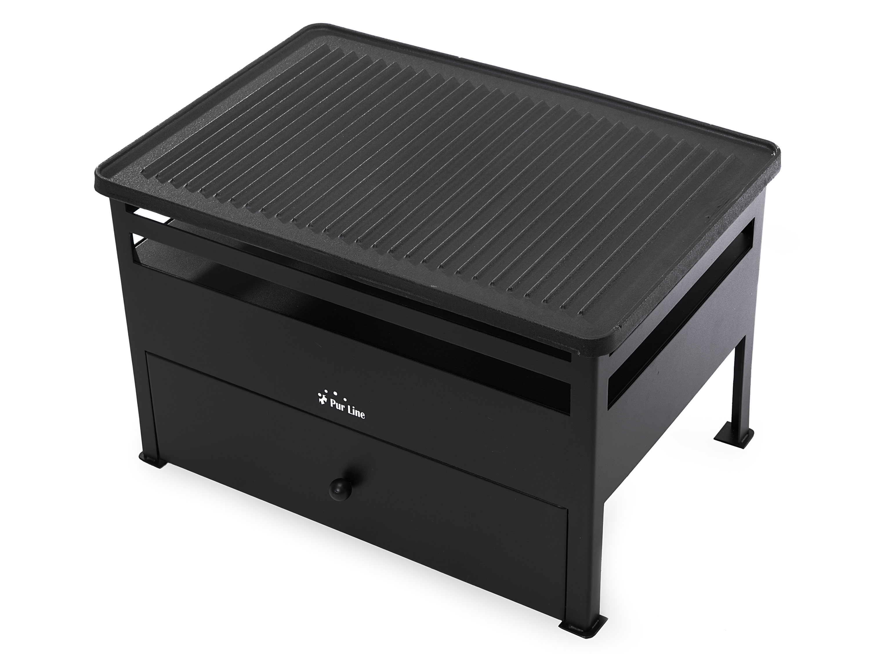 Ein schwarzer Grill mit Schublade. Der Grill hat eine Kochfläche. Er steht auf einer weißen Oberfläche.