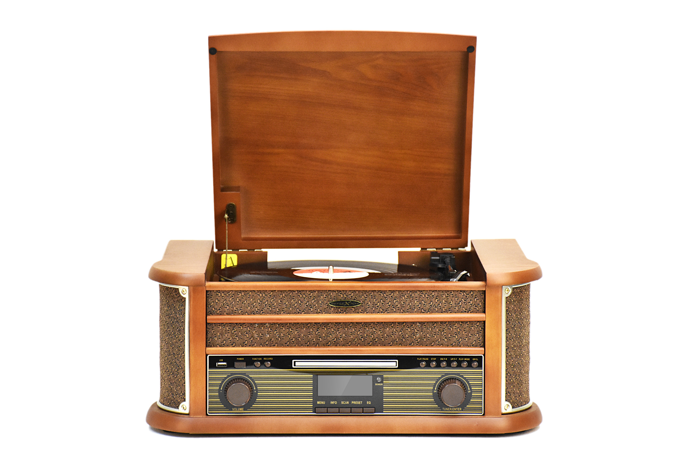 Giradischi in legno. La parte superiore è aperta, mostrando il disco. Ha radio e lettore CD.
