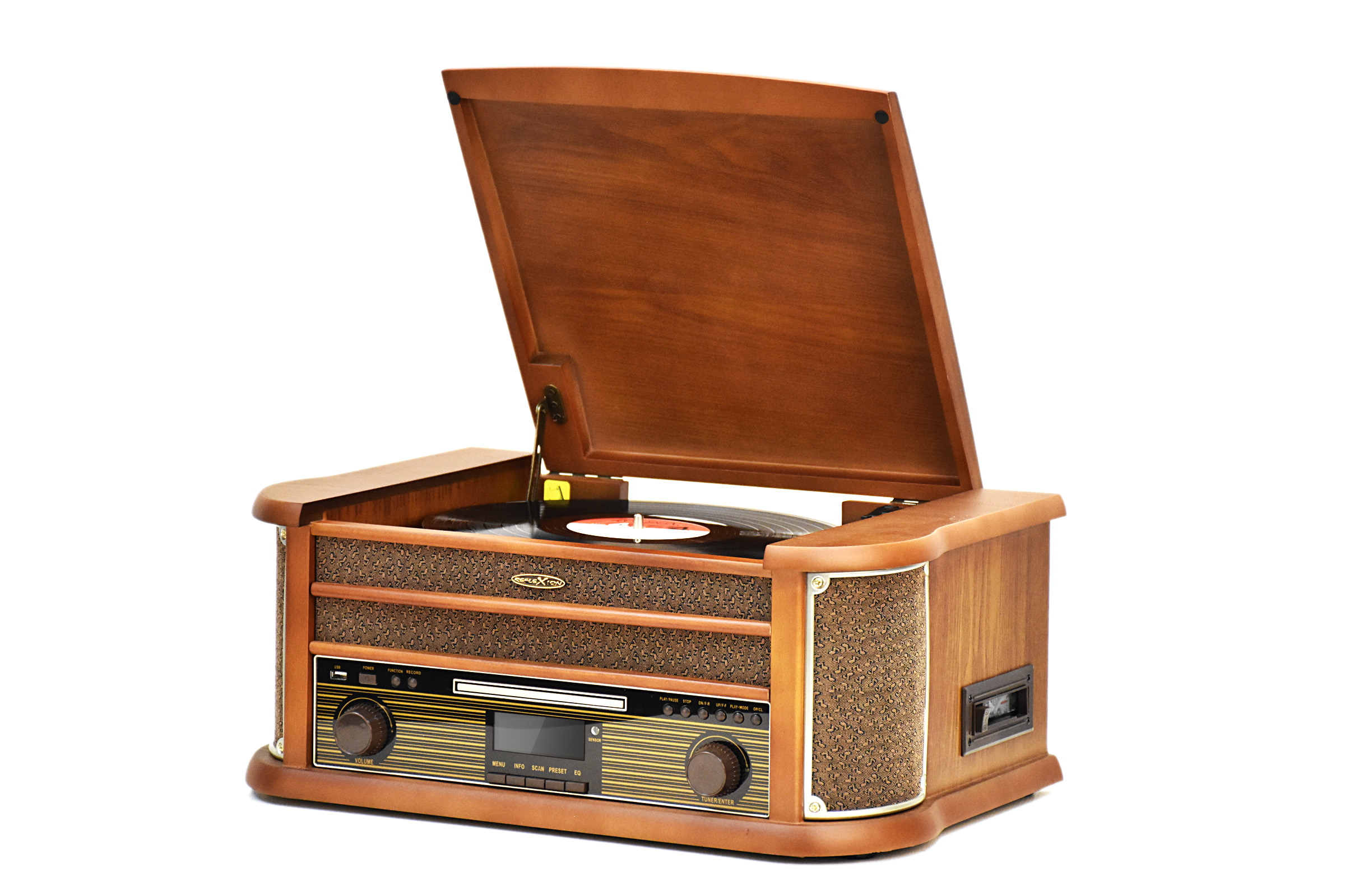 Giradischi vintage in legno con coperchio aperto, che mostra un disco, con altoparlante e lettore CD.
