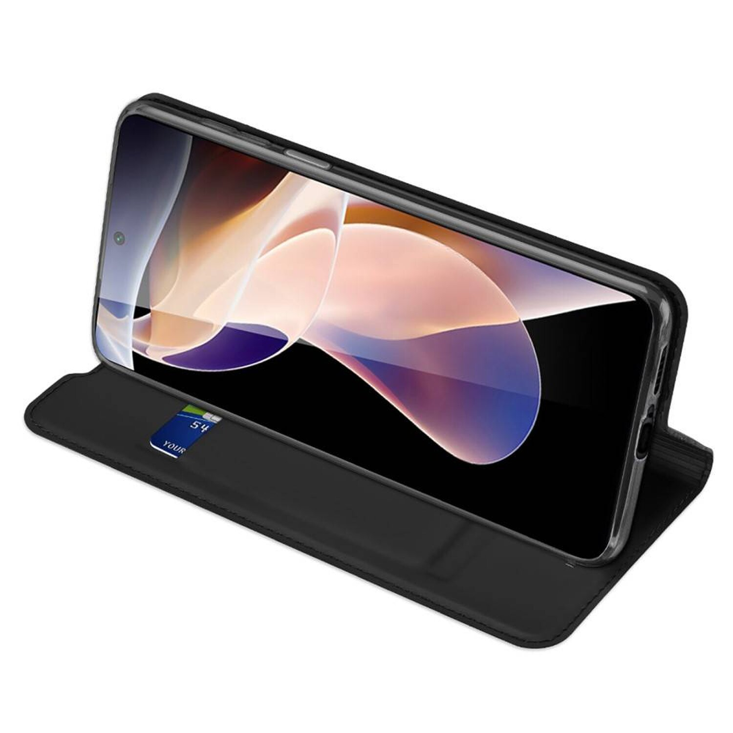 Schwarze Handyhülle mit Telefon, das ein Design anzeigt. Eine Karte befindet sich im Gehäuse. Das Gehäuse ist offen.