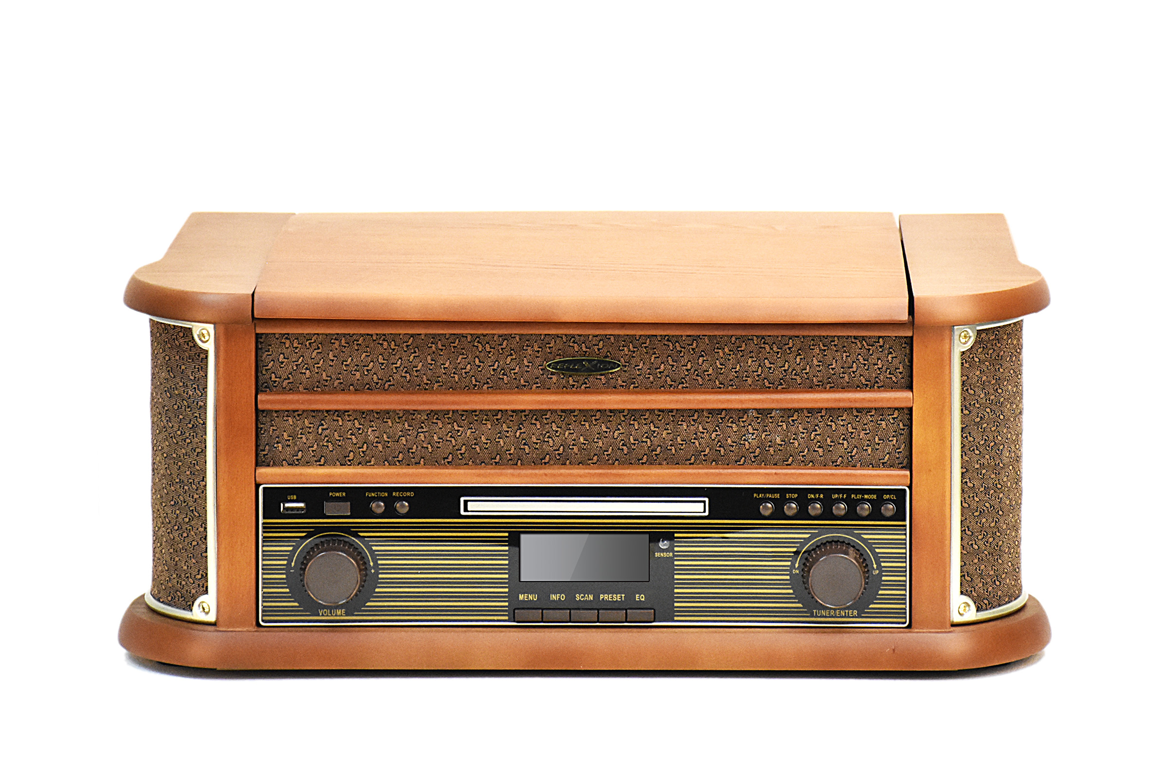 Un impianto stereo in stile retrò in legno con quadranti multipli e un lettore CD.