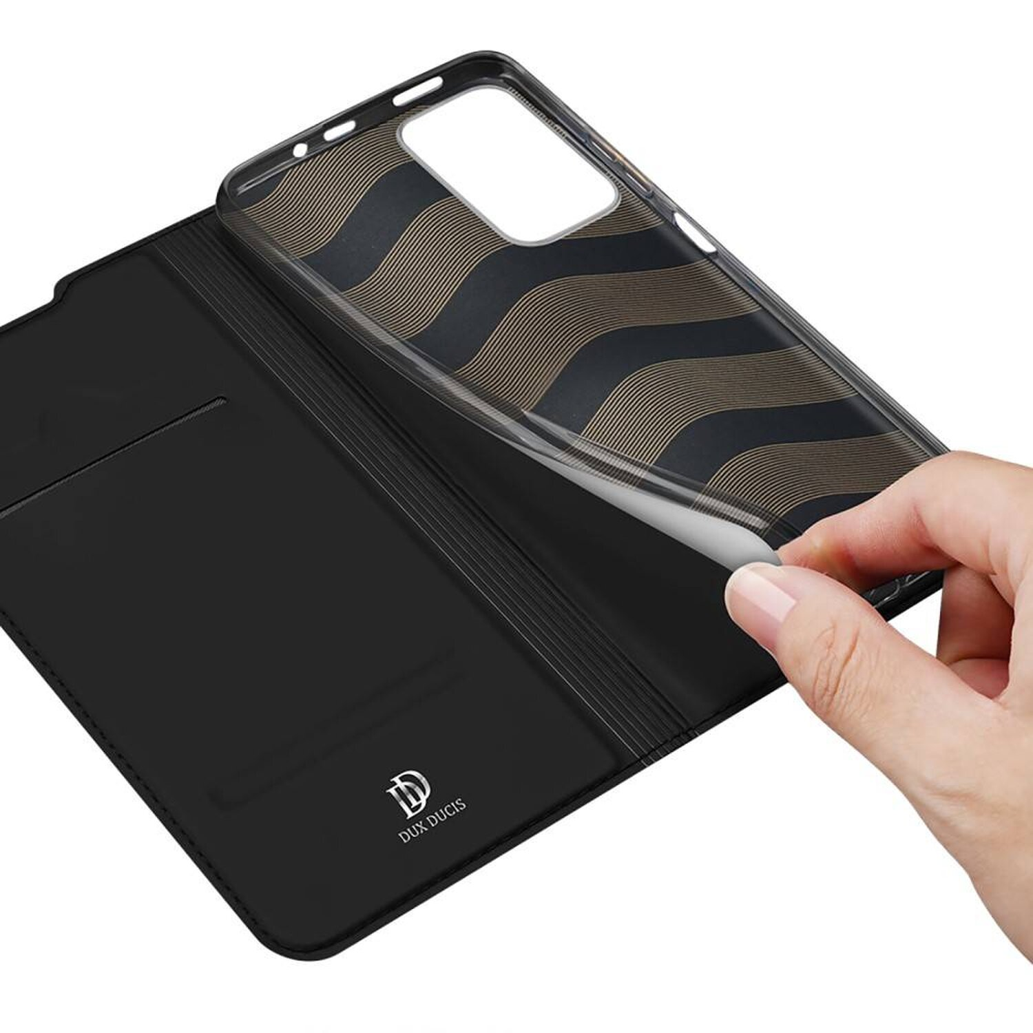 Telefonhülle mit Telefon, gewelltes Design, Hand öffnet sie.