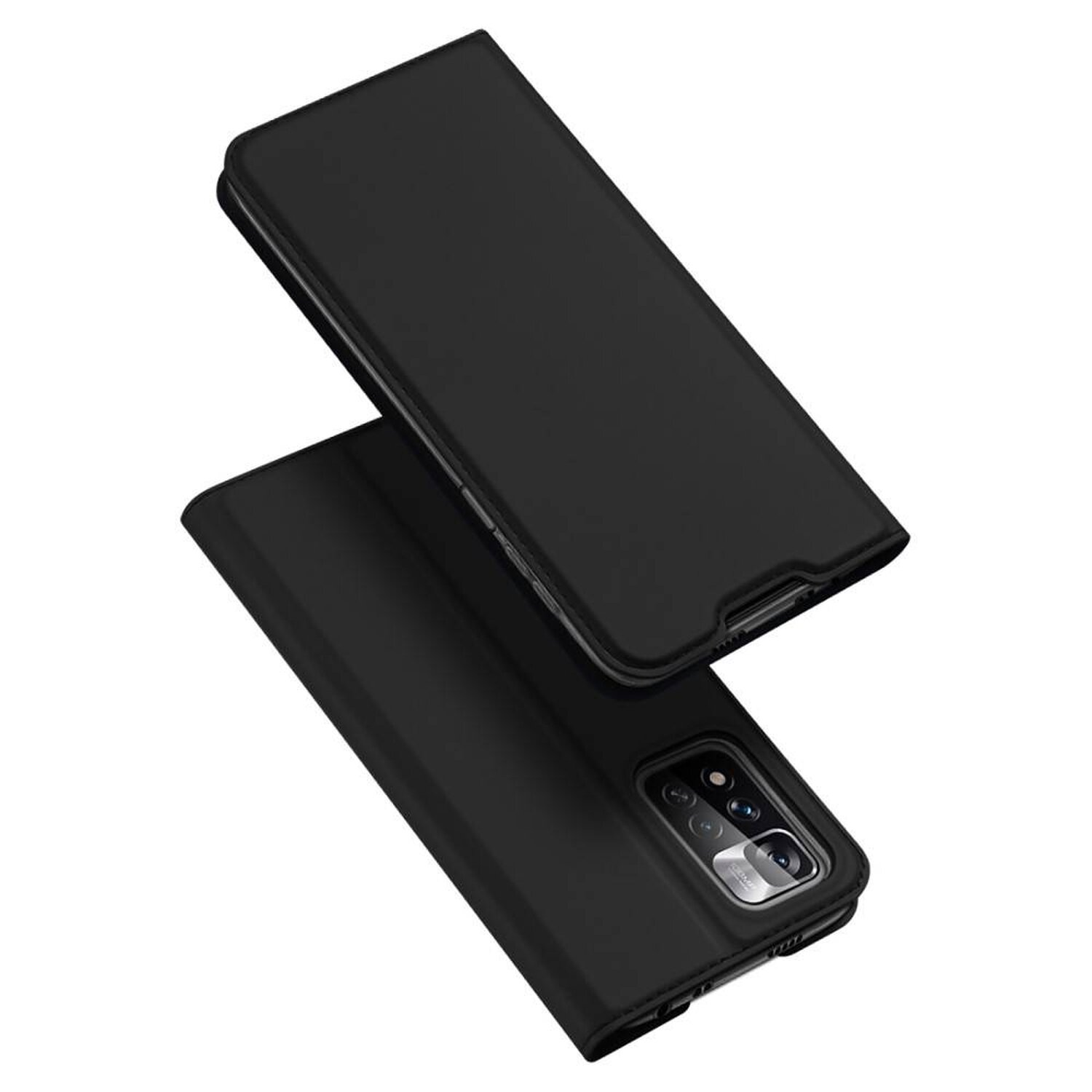 Eine schwarze Handyhülle in zwei Positionen, offen und geschlossen. Weißer Hintergrund. Das Telefon hat eine Kamera.