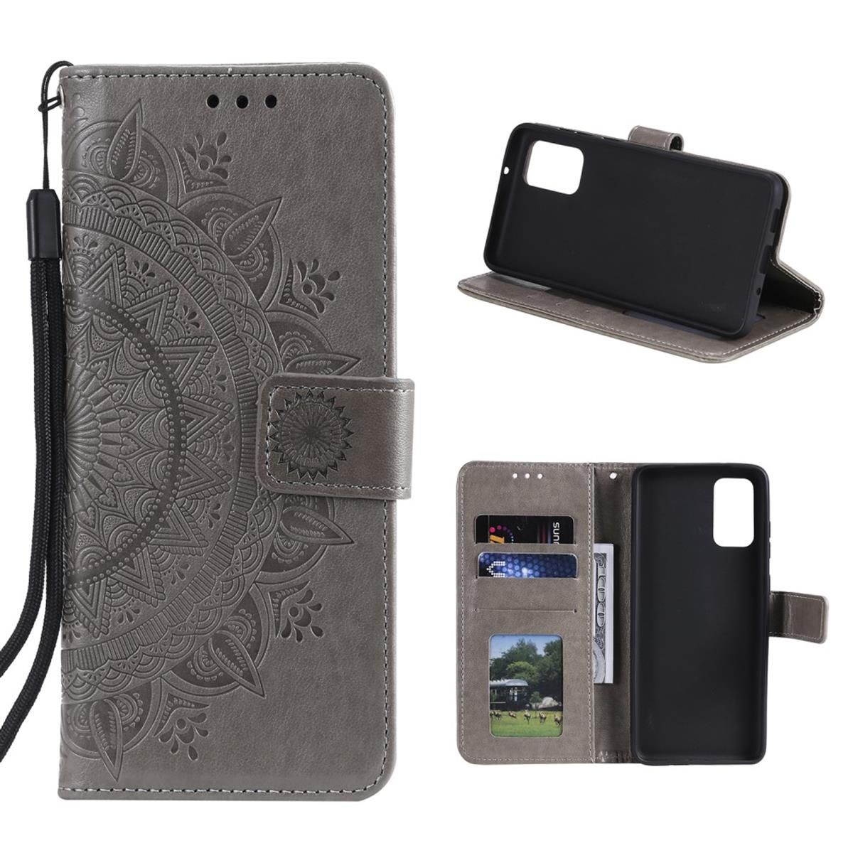 Graue Handyhülle mit Mandala-Design, offen mit Karten und Telefon. Mit Riemen.