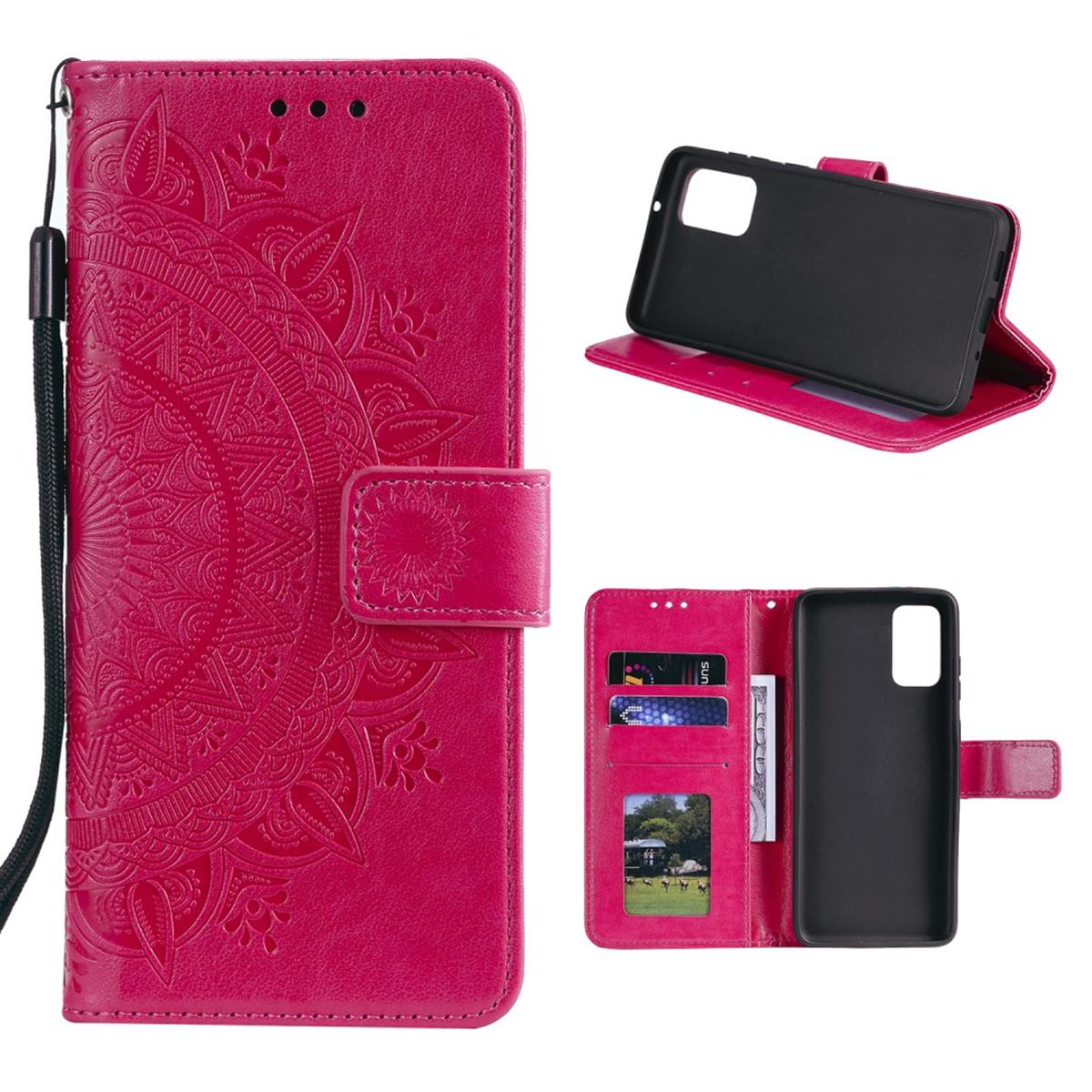 Eine pinkfarbene Leder-Handyhülle mit Mandala-Design und Kartenfächern.