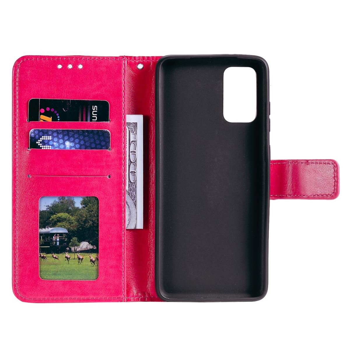 Rosa Brieftasche geöffnet. Innen Kartenfächer, Geld und ein Bild. Schwarze Handyhülle. Auf weißem Untergrund.