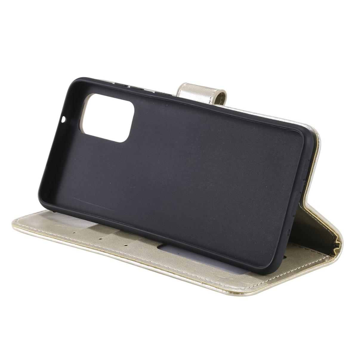 Goldenes Handycase, geöffnet, zeigt schwarzes Innere und einen Handyausschnitt.