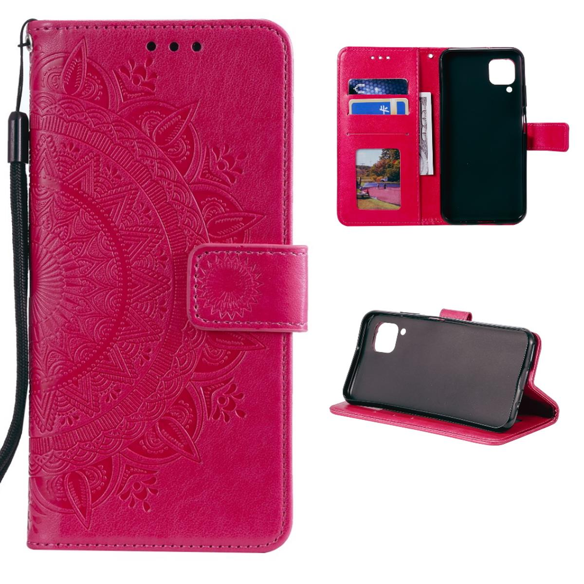 Eine rosa Handyhülle mit Mandala-Design, geöffnet, um Karten und ein Handy zu zeigen.