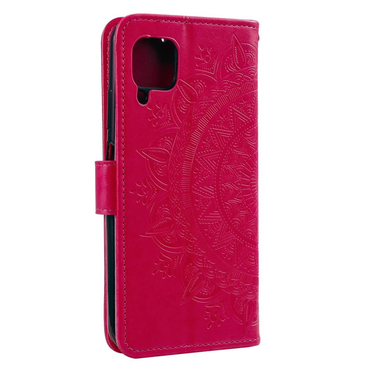 Eine rote Handyhülle mit einem Mandala-Design. Die Hülle ist geschlossen und zeigt die Vorderseite.
