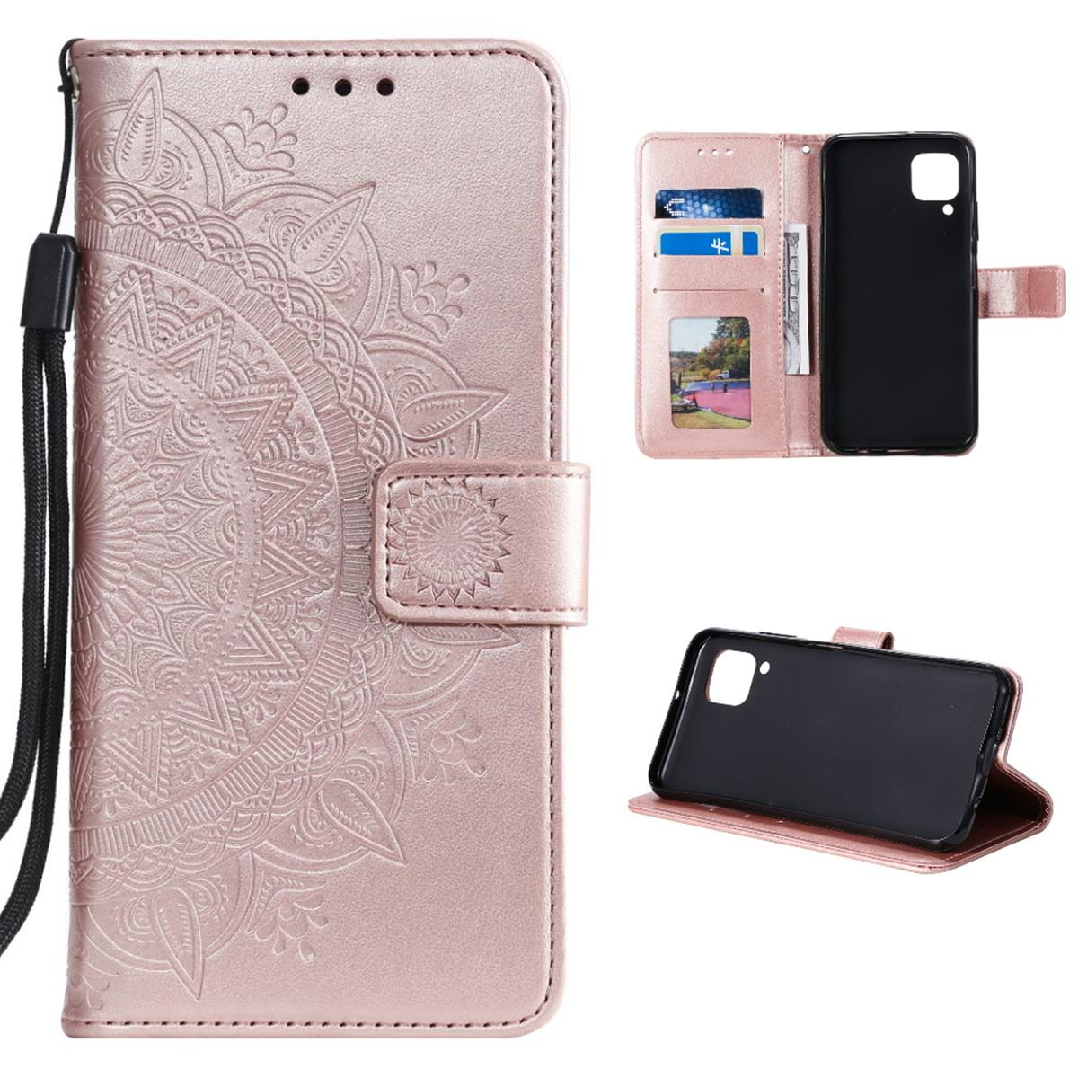 Eine rosa Handy-Brieftasche mit Mandala-Design, geöffnet, um Kartenfächer und ein Telefon zu zeigen.
