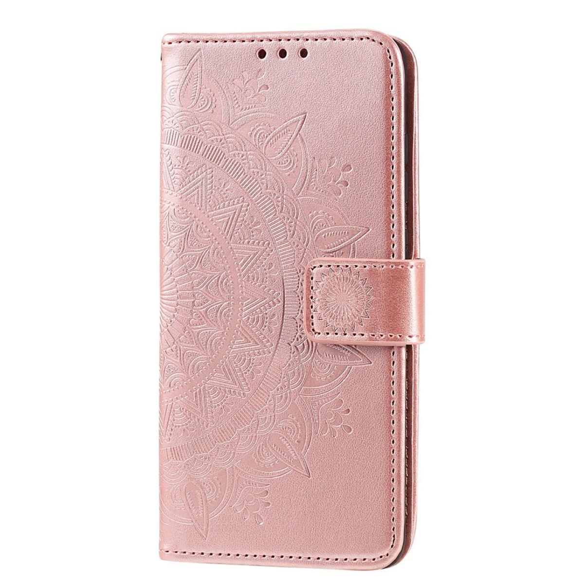 Rosa Handyhülle mit Mandala-Muster. Die Hülle ist offen und zeigt den Telefonschlitz und einen Knopf.