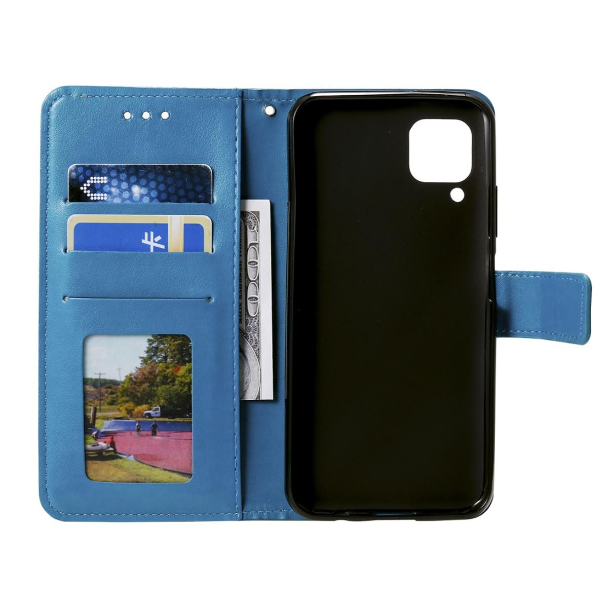 Geöffnete blaue Handyhülle mit Karten, Geld und einem Telefonhalter. Schwarze Handyhülle innen.