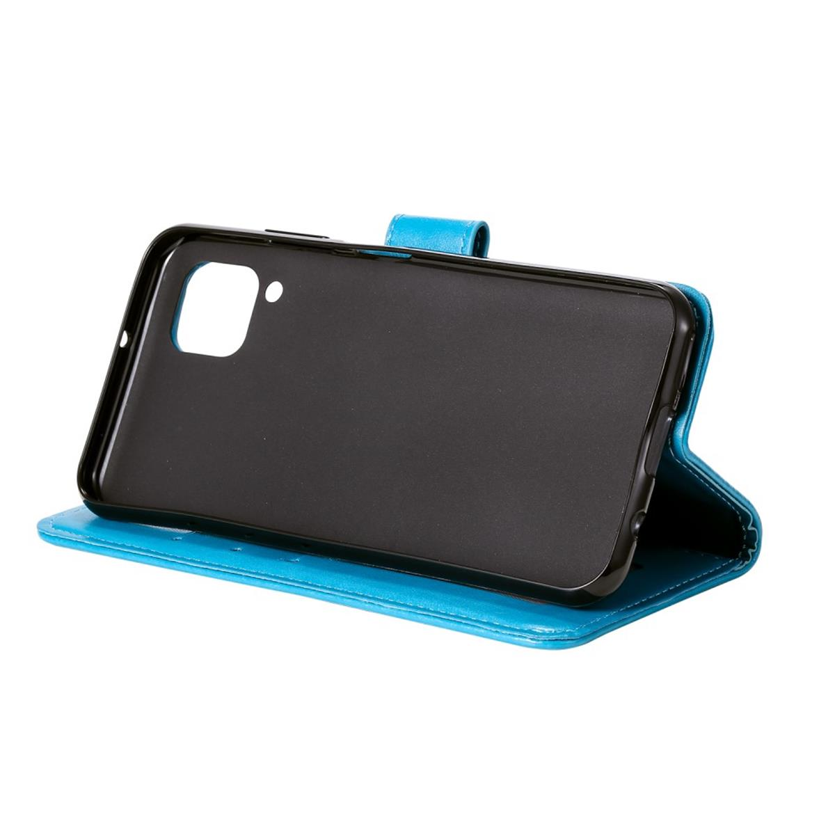 Blaue Handyhülle offen, mit schwarzem Telefonhalter. Der Telefonhalter ist leer.