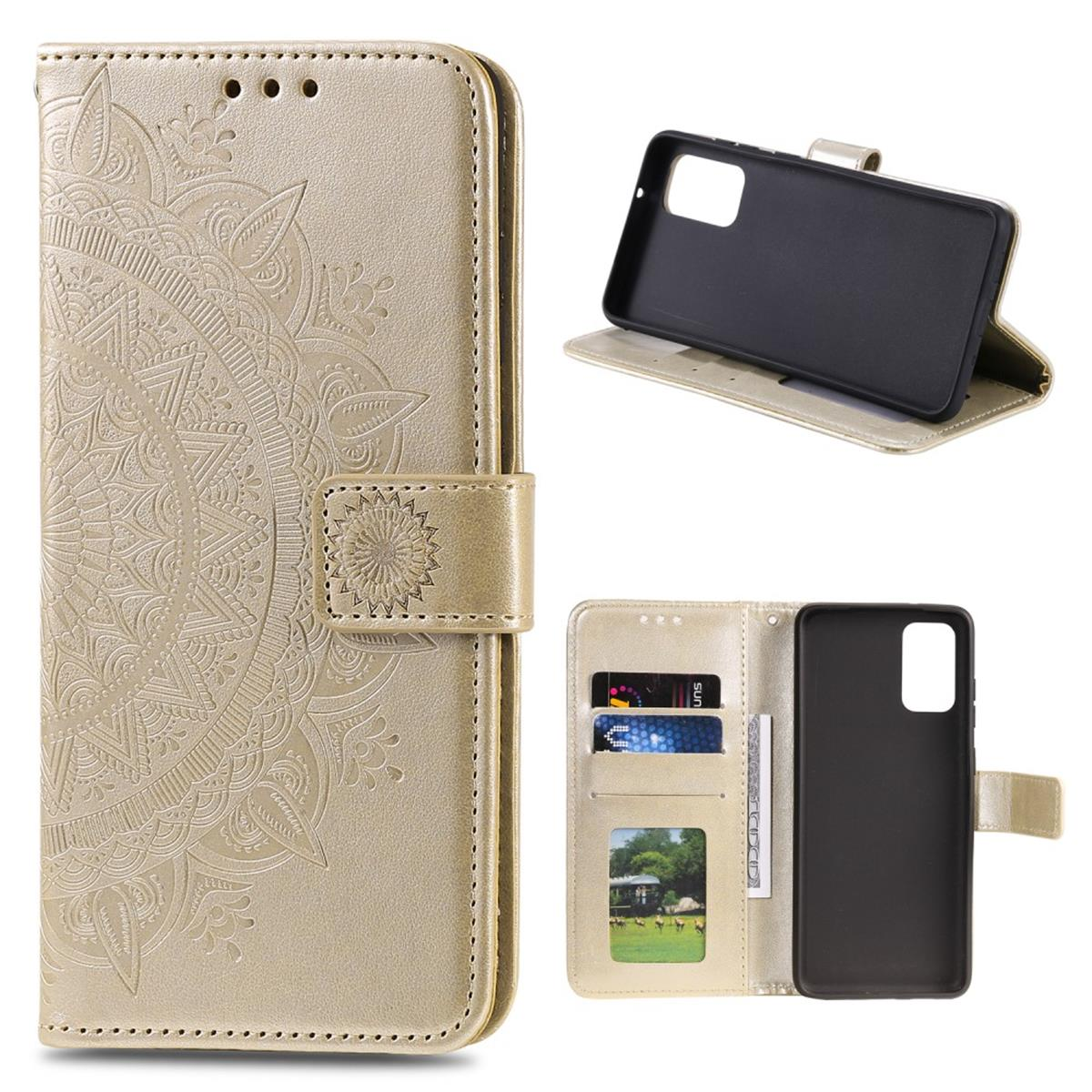 Goldene Handyhülle mit Mandala-Design und schwarzem Telefon darin. Die Hülle ist geöffnet.