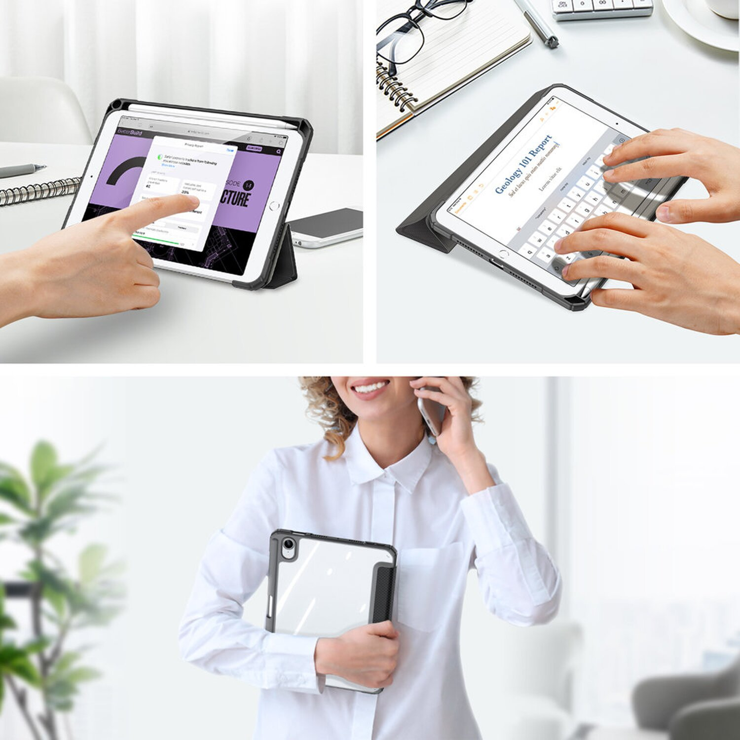 Tablets in Hüllen, eine Person benutzt eins, eine andere tippt. Weißer Tisch, heller Hintergrund.