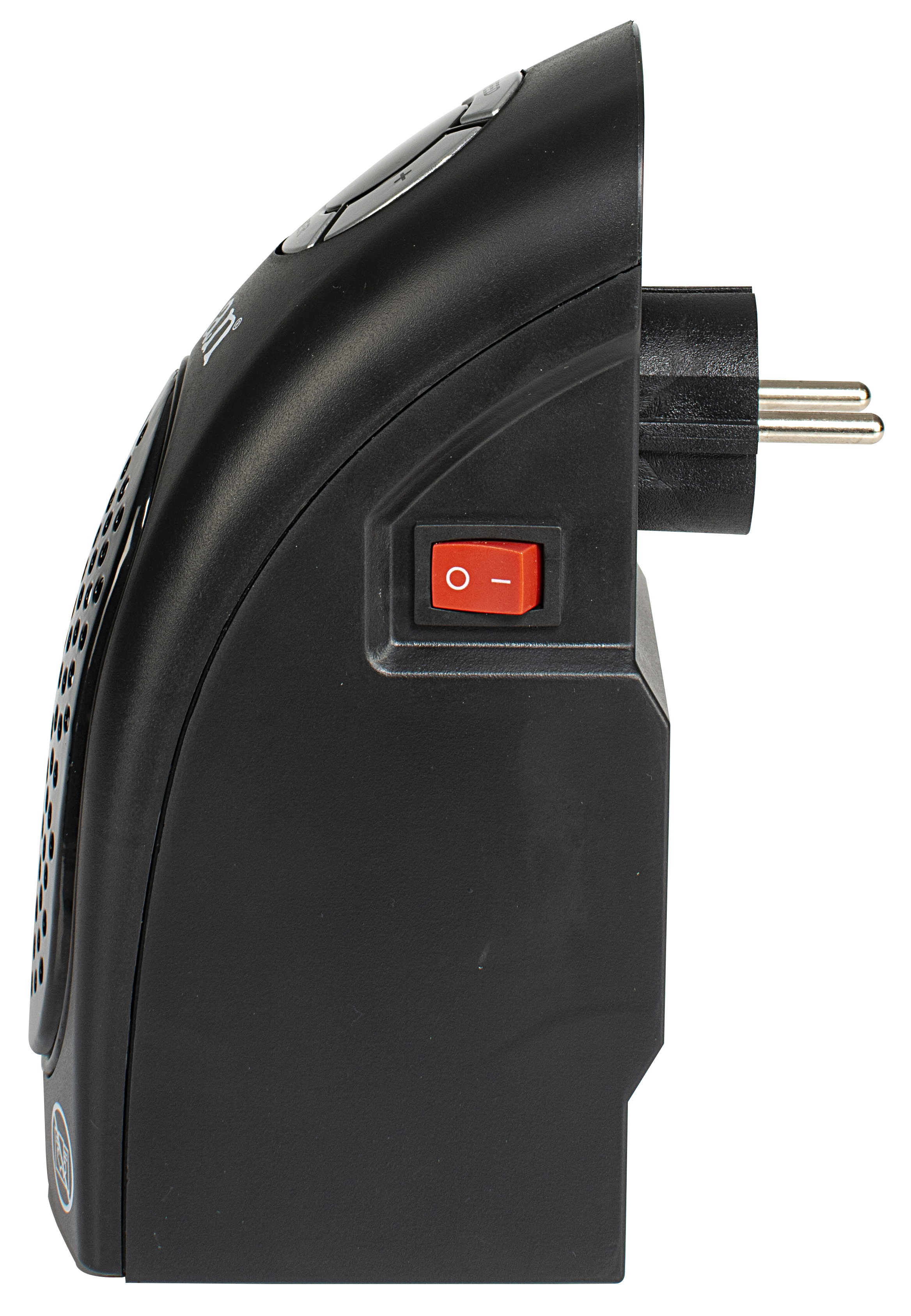 Schwarze elektrische Heizung mit rotem Netzschalter und Stecker, Seitenansicht.