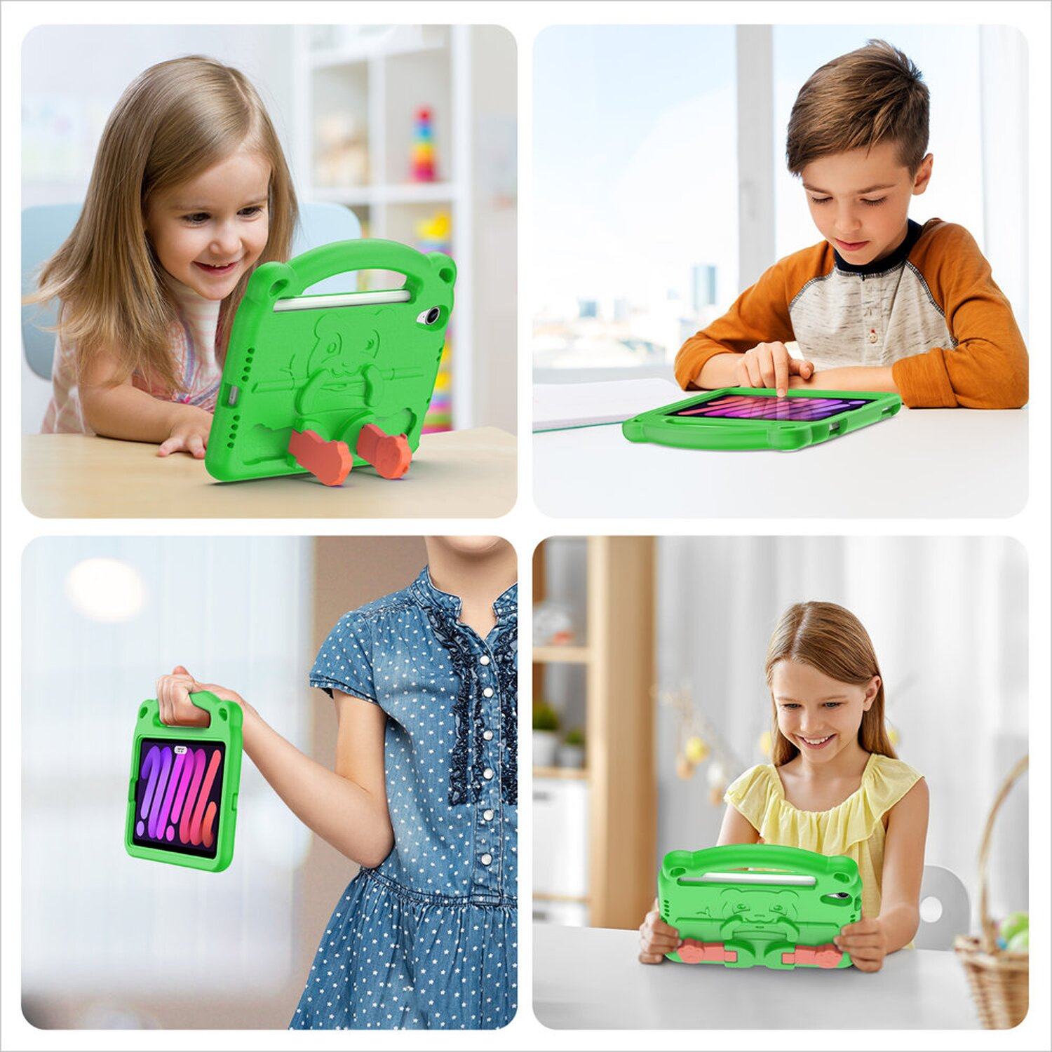 Vier Fotos von Kindern, die grüne iPad-Hüllen mit Griff und einer Cartoonfigur verwenden.