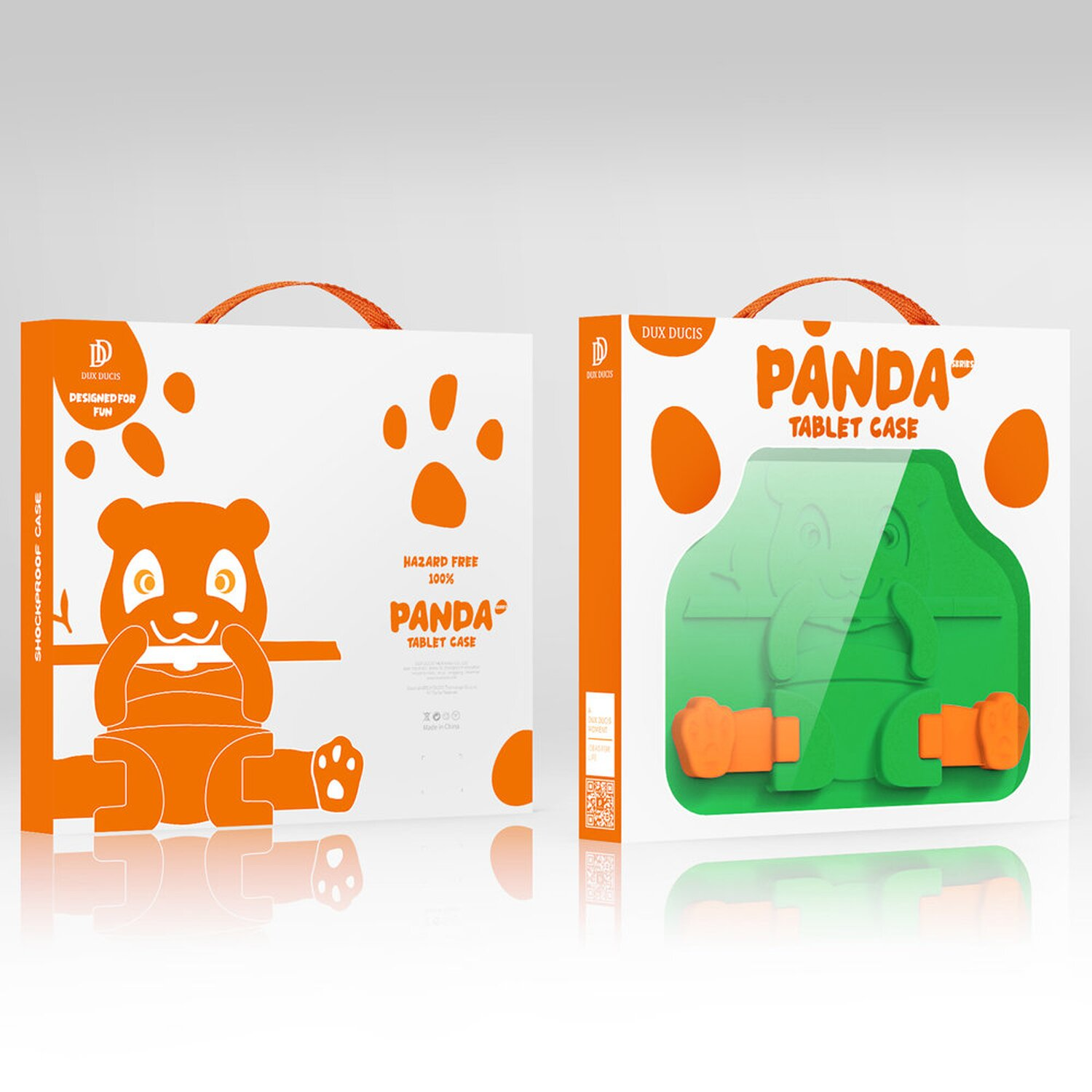 Zwei Tablet-Hüllen, orange Panda-Design auf weißem und grünem Hintergrund.