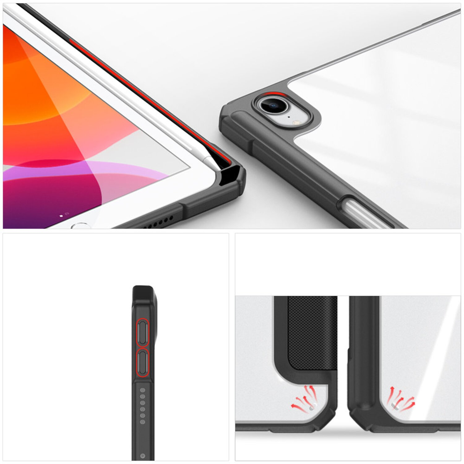 Nahaufnahme einer Tablet-Hülle mit klarer Vorderseite und schwarzem Rahmen, mehrere Winkel.